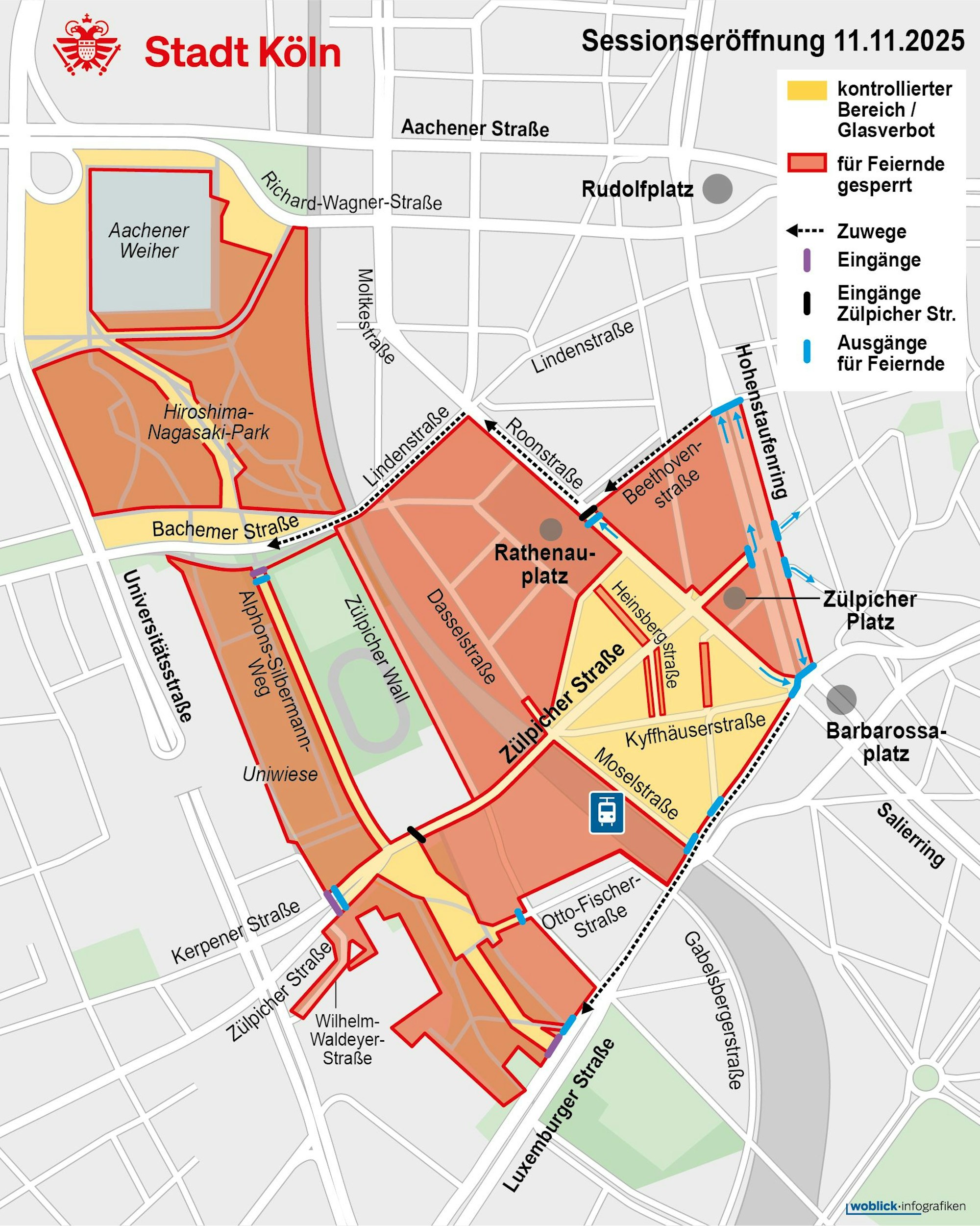 Die offizielle Karte der Stadt Köln zeigt, wo am 11.11. in der Innenstadt gefeiert werden darf und welche Bereiche abgesperrt sind.
