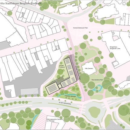 Das Foto zeigt eine Skizze der Stadtmitte mit den beiden Stadthäusern