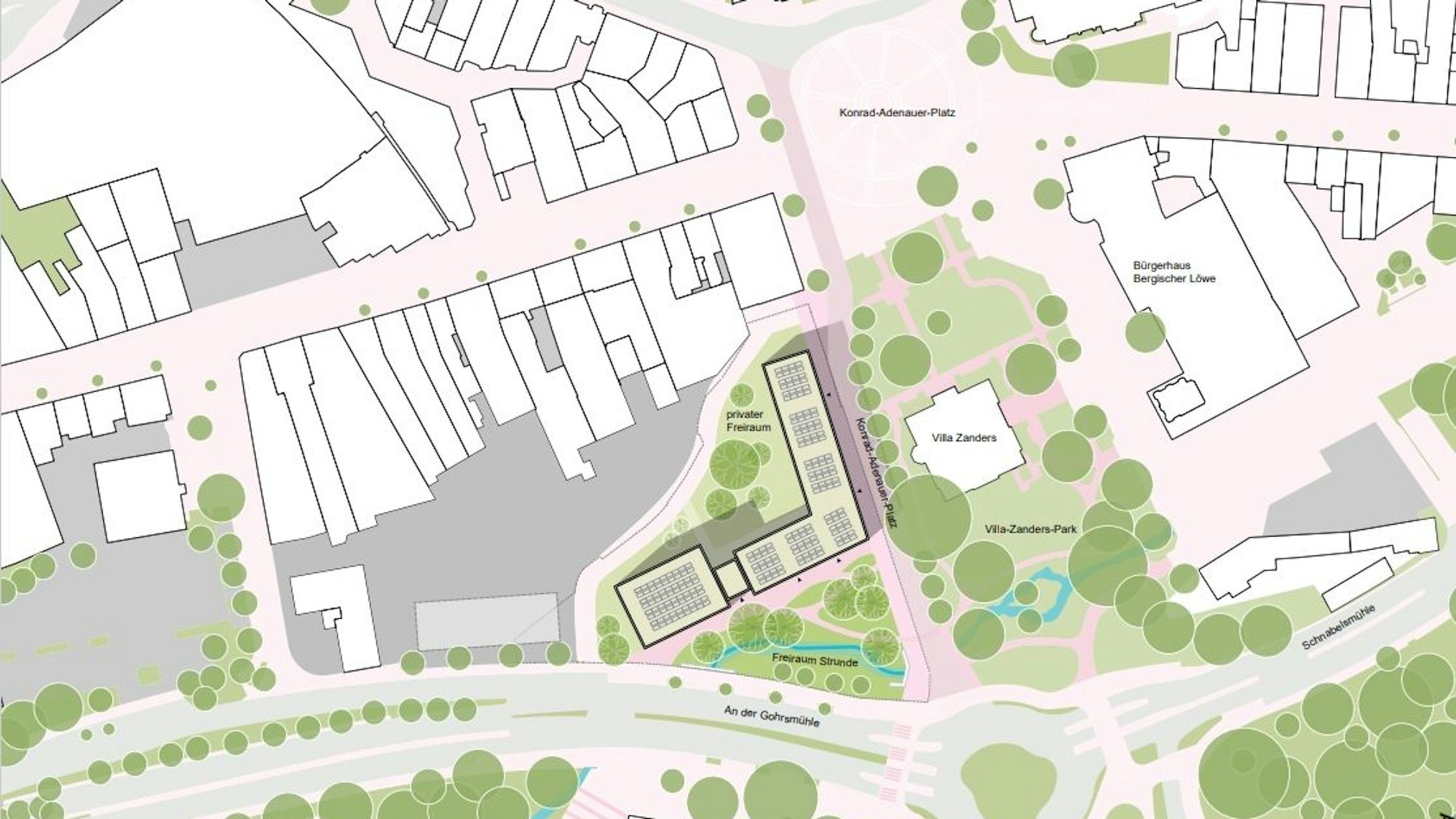 Das Foto zeigt eine Skizze der Stadtmitte mit den beiden Stadthäusern