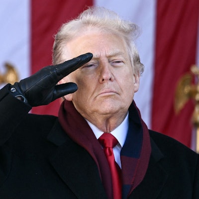 Das Bild zeigt US-Präsident Donald Trump salutierend am Nationalen Veteranen Tag auf dem Nationalfriedhof in Arlington, Virginia am 11. November 2025. Foto: Brendan Smialowski/AFP