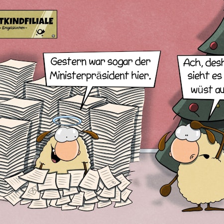 Ein Schaf sitzt in einem Stapel von Weihnachtszetteln in der Christrundfiliale und sagt. „Gestern war der Ministerpräsident hier.“ Ein anderes Schaf antwortet: „Ach, deshalb sieht es so wüst aus.“