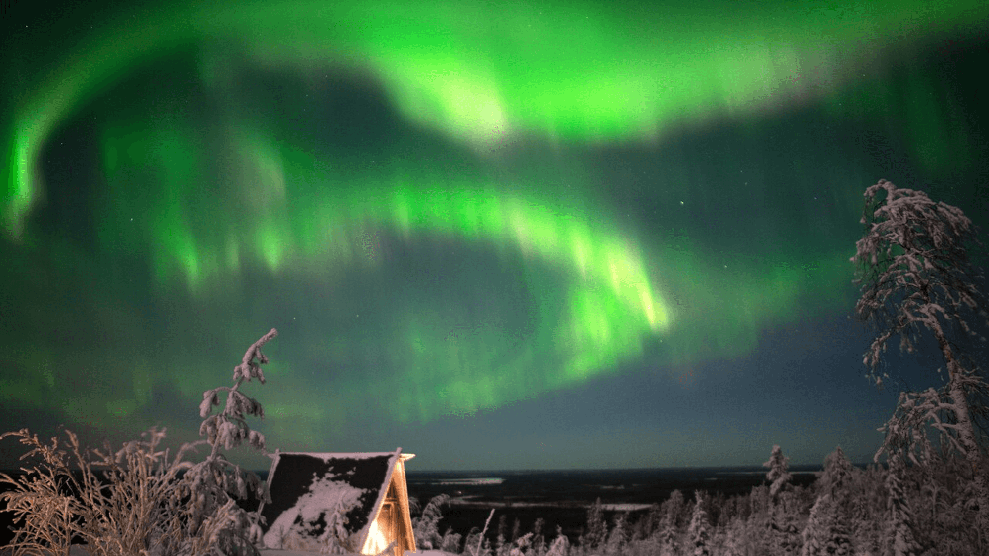 Das Bild zeigt das Nordlicht über einer verschneiten Landschaft.