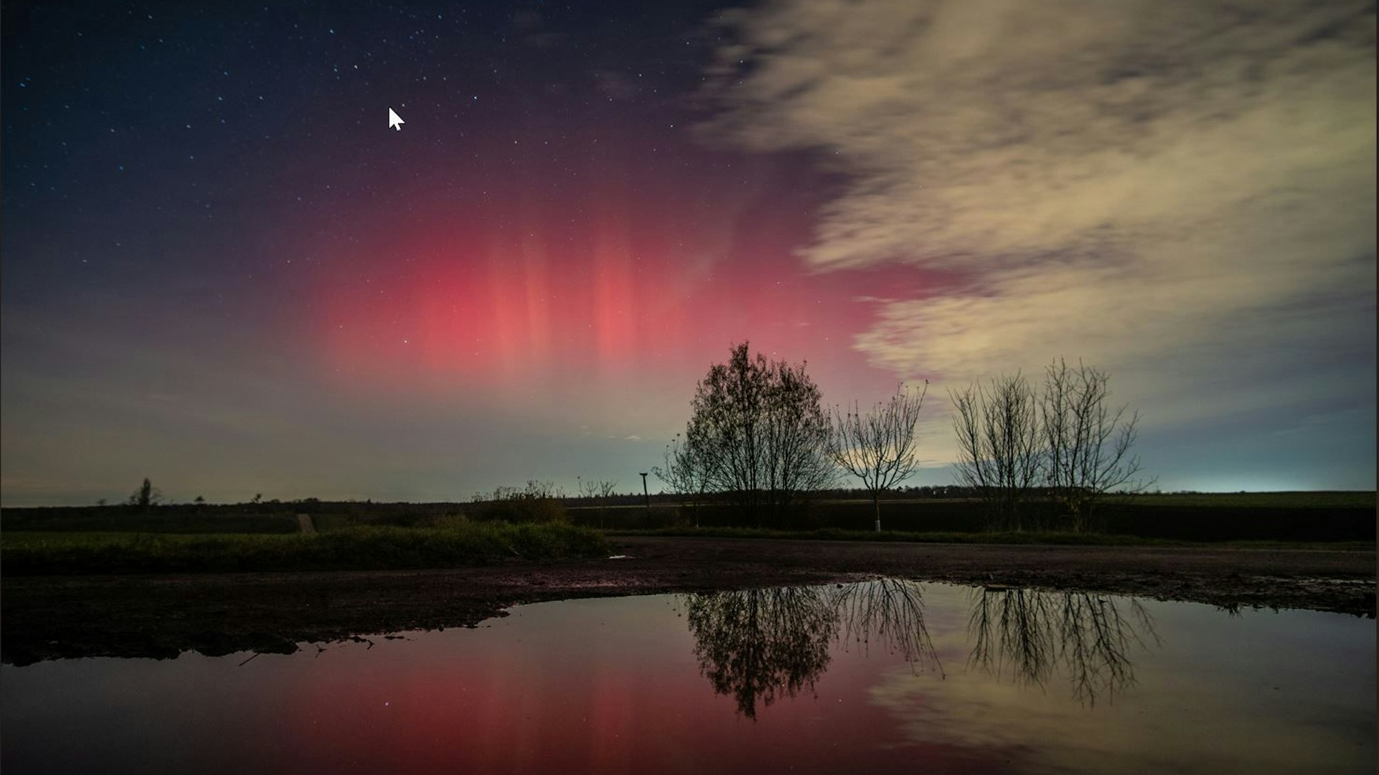 Wildlifefotograf Mario Wiesner hat die Polarlichter auf einem Feldweg bei Bornheim-Rösberg mit seiner Kamera eingefangen.