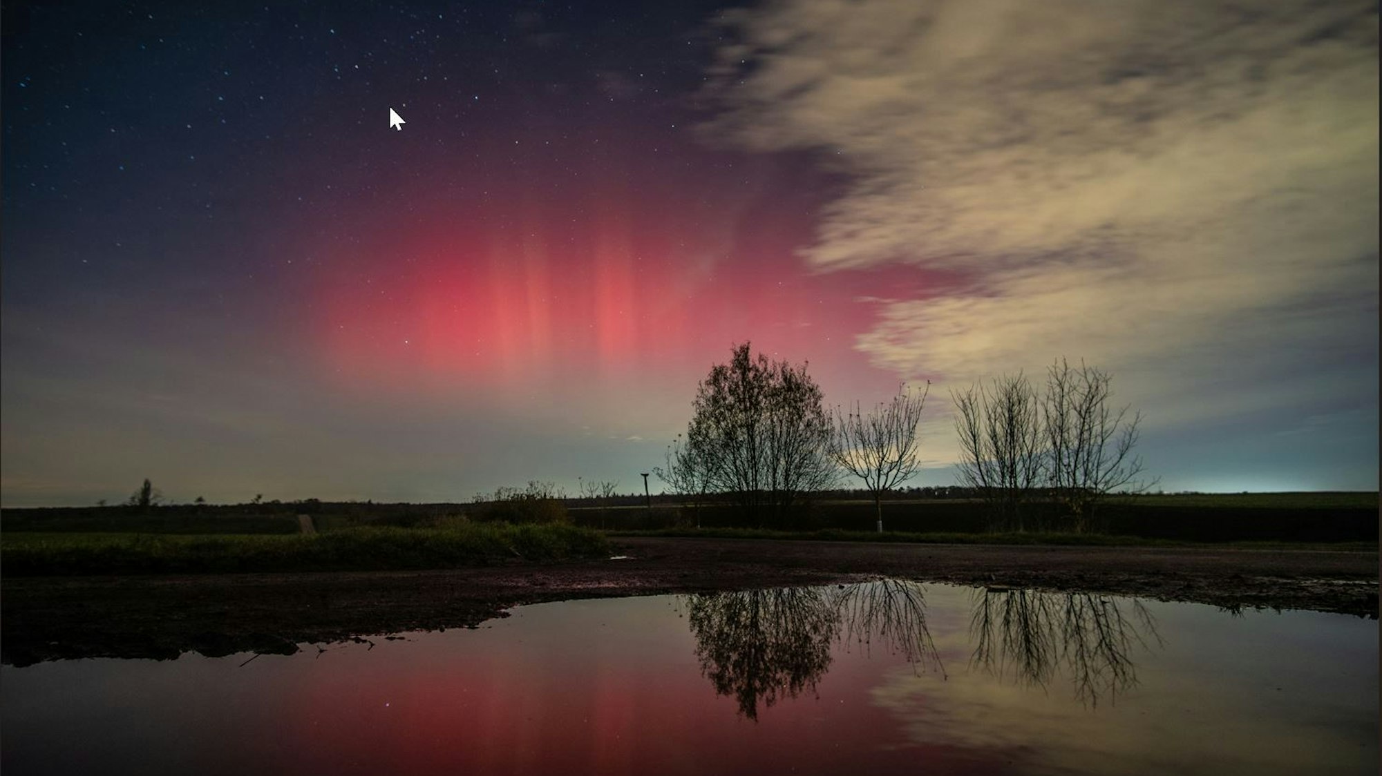 Wildlifefotograf Mario Wiesner hat die Polarlichter auf einem Feldweg bei Bornheim-Rösberg mit seiner Kamera eingefangen.