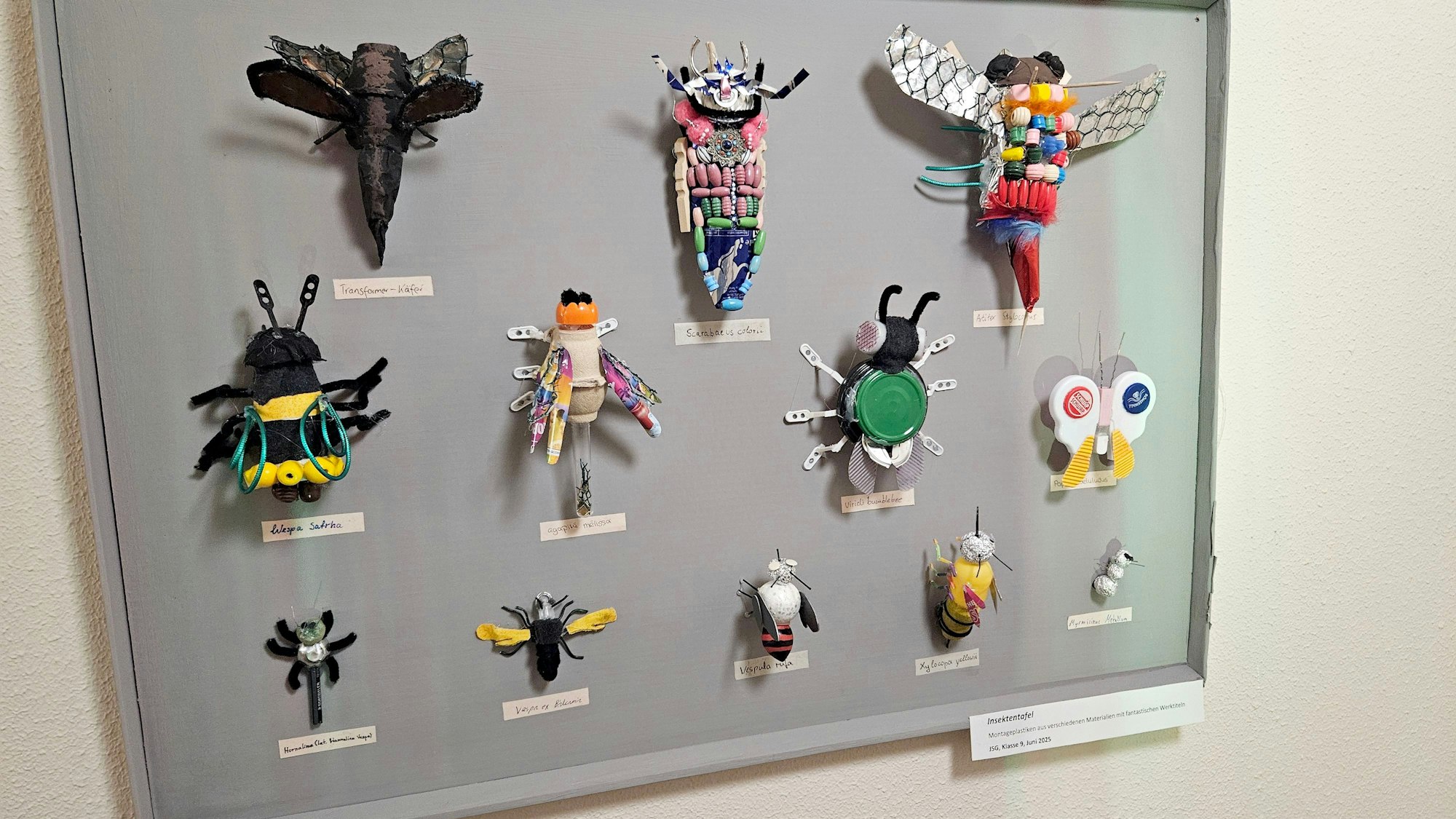 Montageplastiken von fantasievollen Insekten hängen an einer Schautafel.