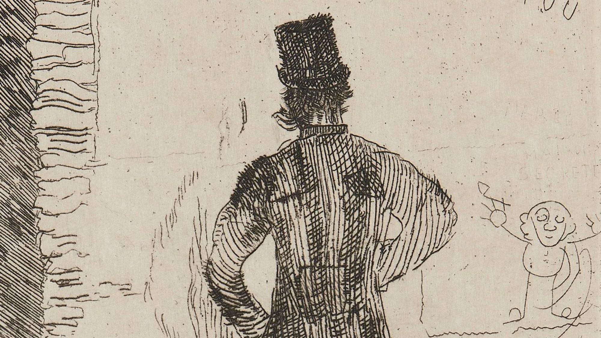 Eine Radierung von James Ensor zeigt einen Herren mit Zylinder.