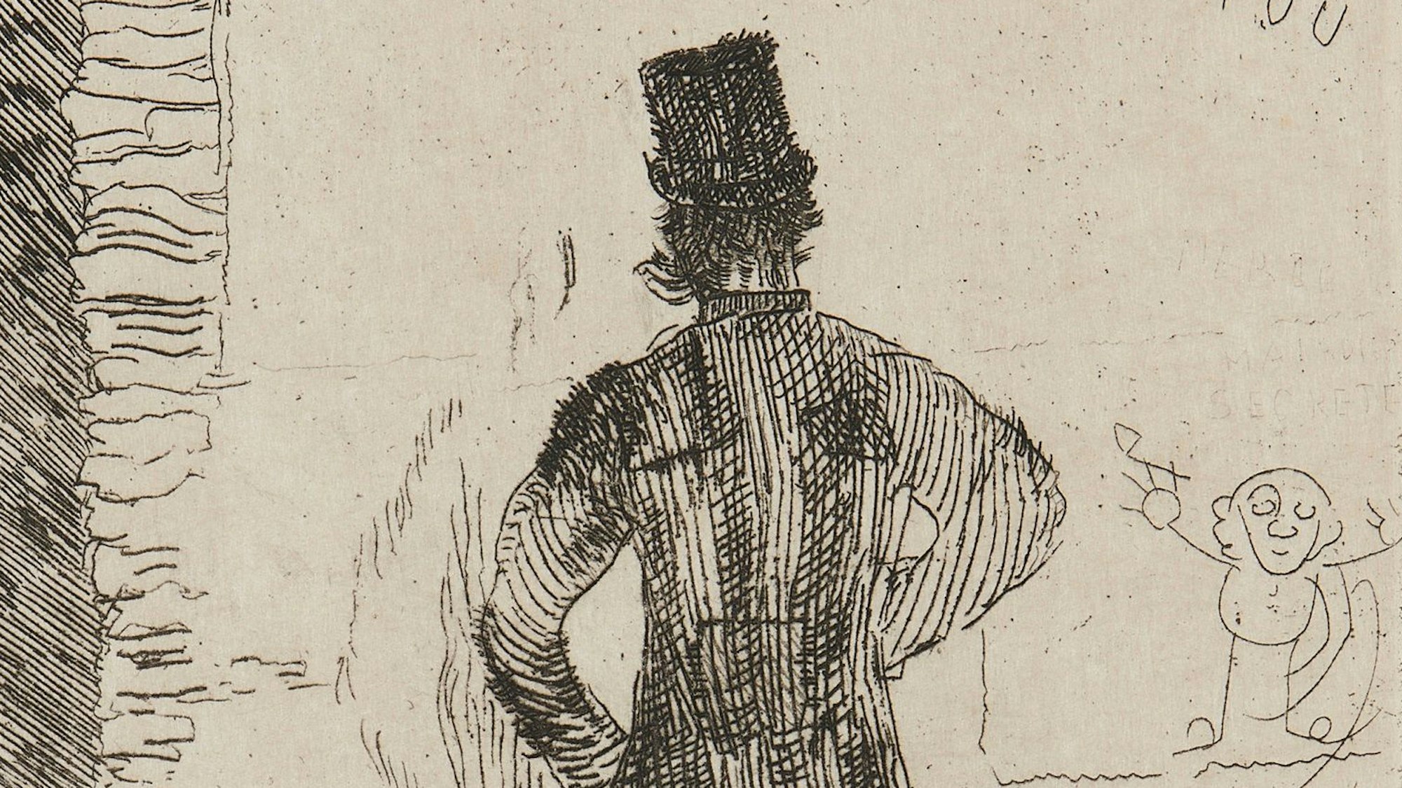 Eine Radierung von James Ensor zeigt einen Herren mit Zylinder.