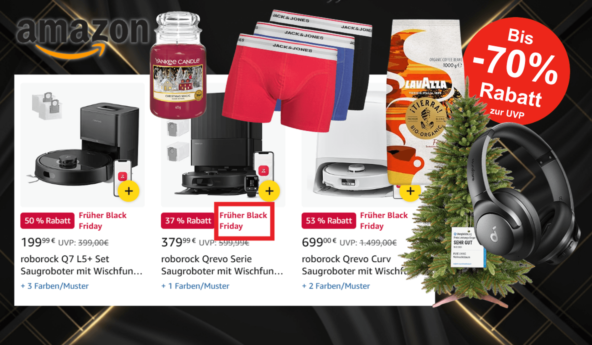 Auf dem Bild sind ein paar Produkte zu sehen, die im frühen Amazon Black Friday Sale sind