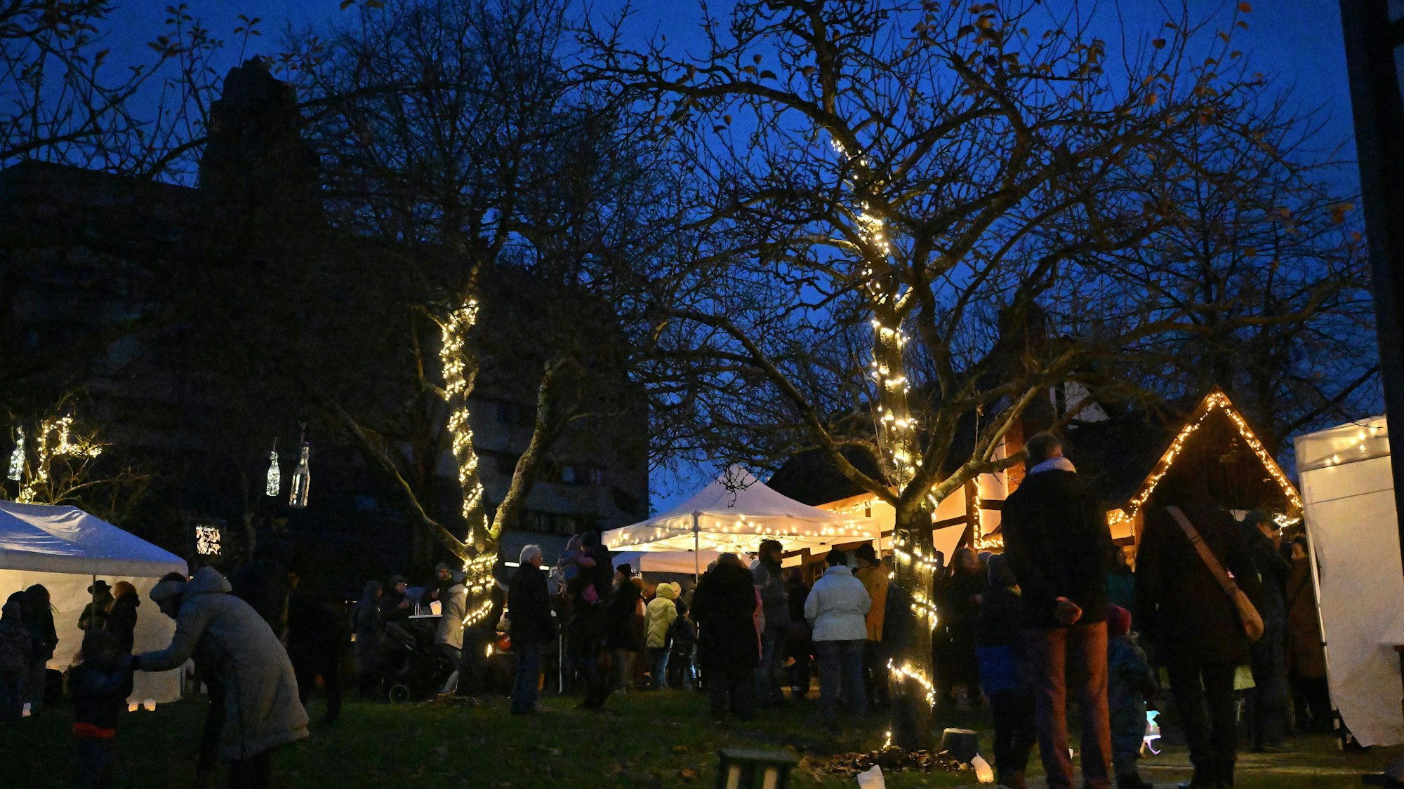 Besucher beim Lichterfest vergangenes Jahr, Häuser und Bäume sind mit Lichterketten geschmückt.