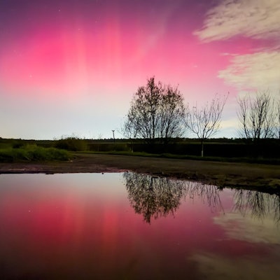 Buntes Licht am Horizont spiegelt sich in einem Gewässer.