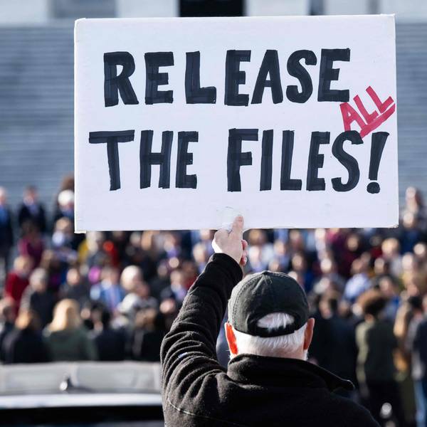 Bei Protesten vor dem Kapitol in Washington fordert ein Mann die Freigabe aller Epstein-Akten. (Archivbild)