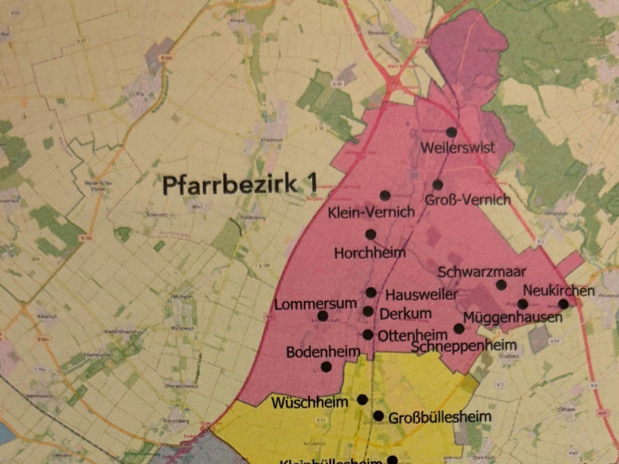 Auf einer Karte ist der Pfarrbezirk 1 der künftigen Sophiengemeinde farblich markiert.