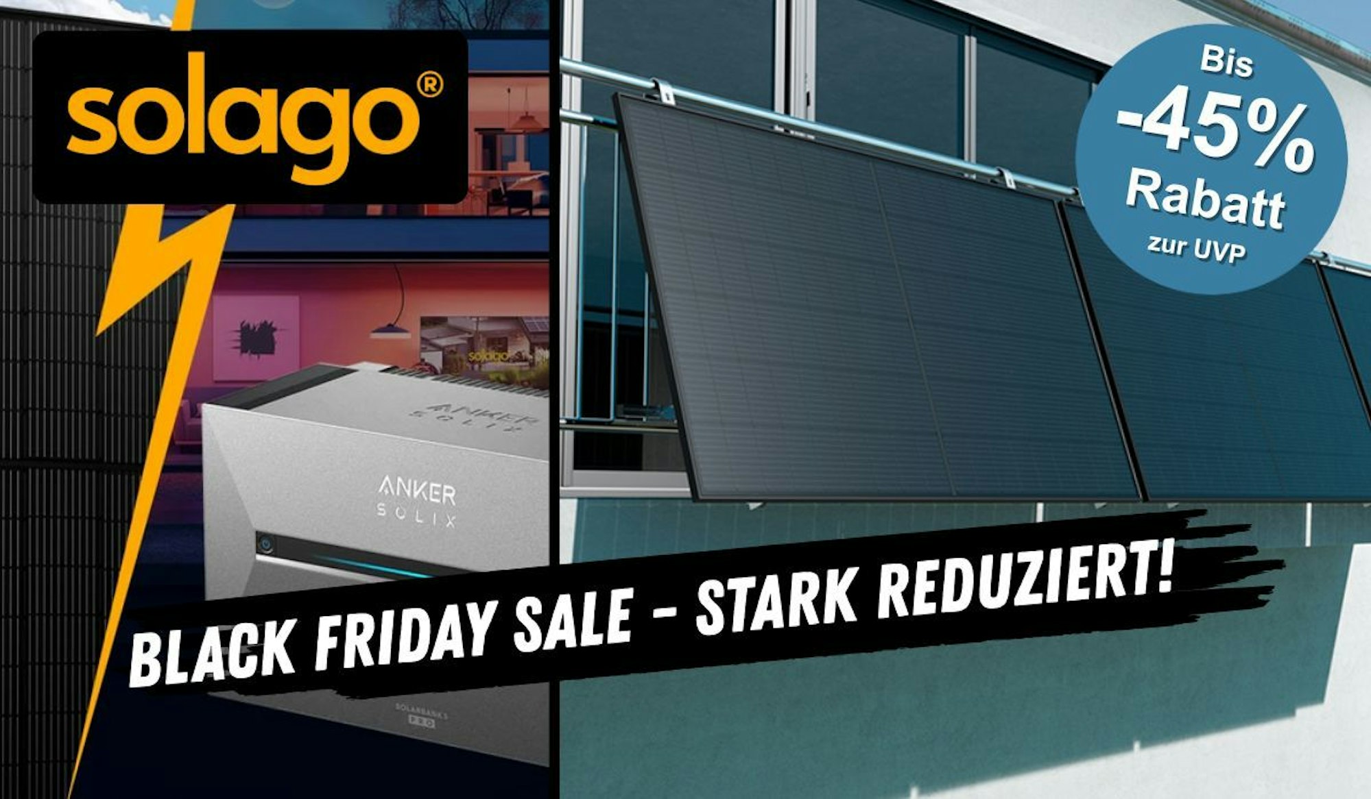 Solago Balkonkraftwerke mit Anker Solix 3 Speicherbank an einem Gitterbalkon.