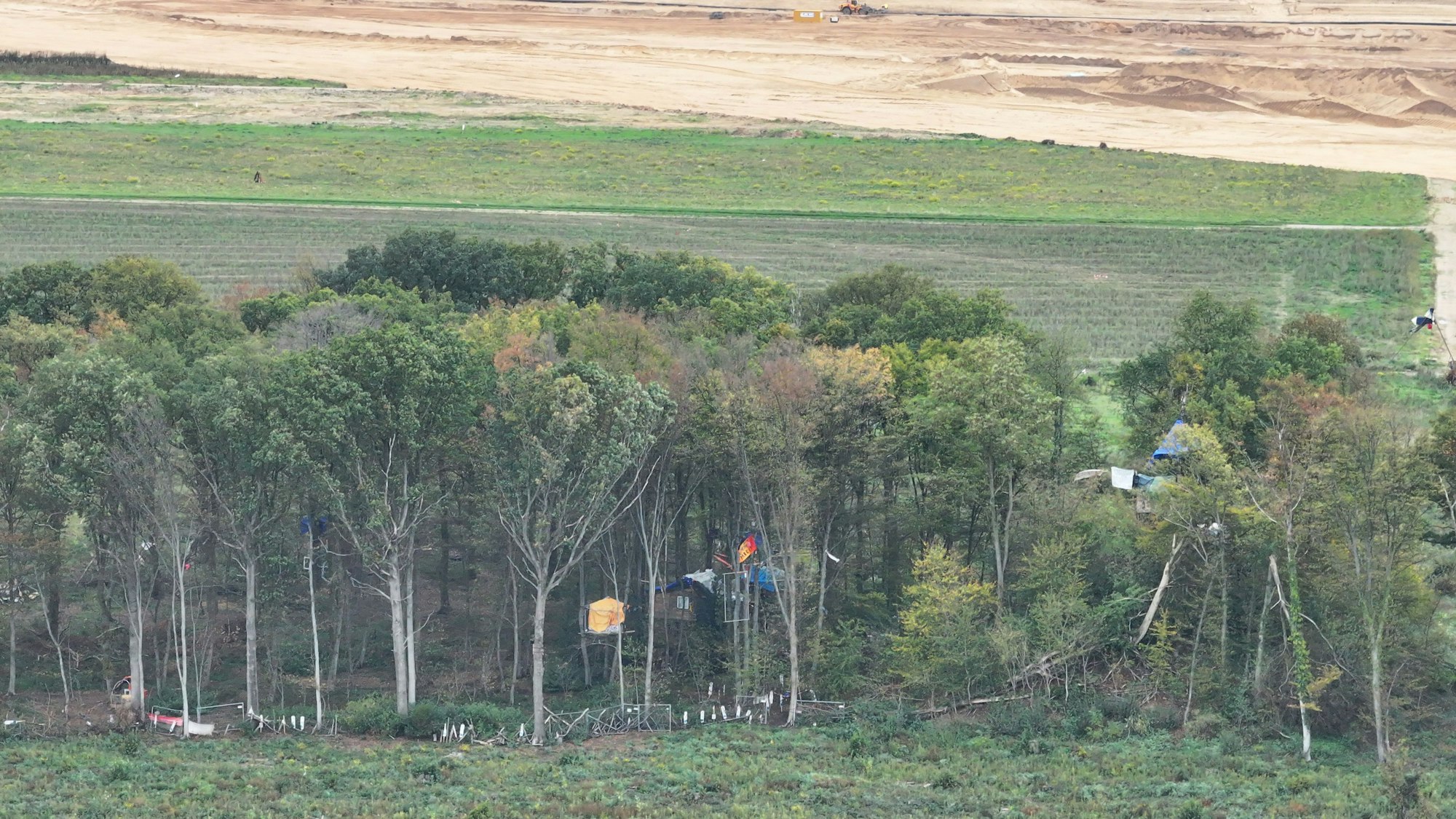 Das Bild ist eine Drohnenaufnahme und zeigt das Sündenwäldchen am Tagebau Hambach.