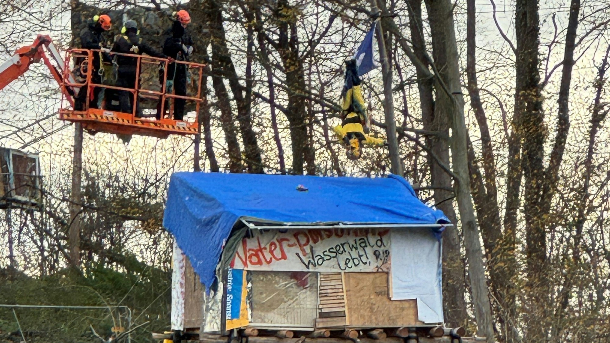 Das Bild zeigt Polizisten auf einer Hebebühne an einem Baumhaus und eine Person, die in Seilen hängt.