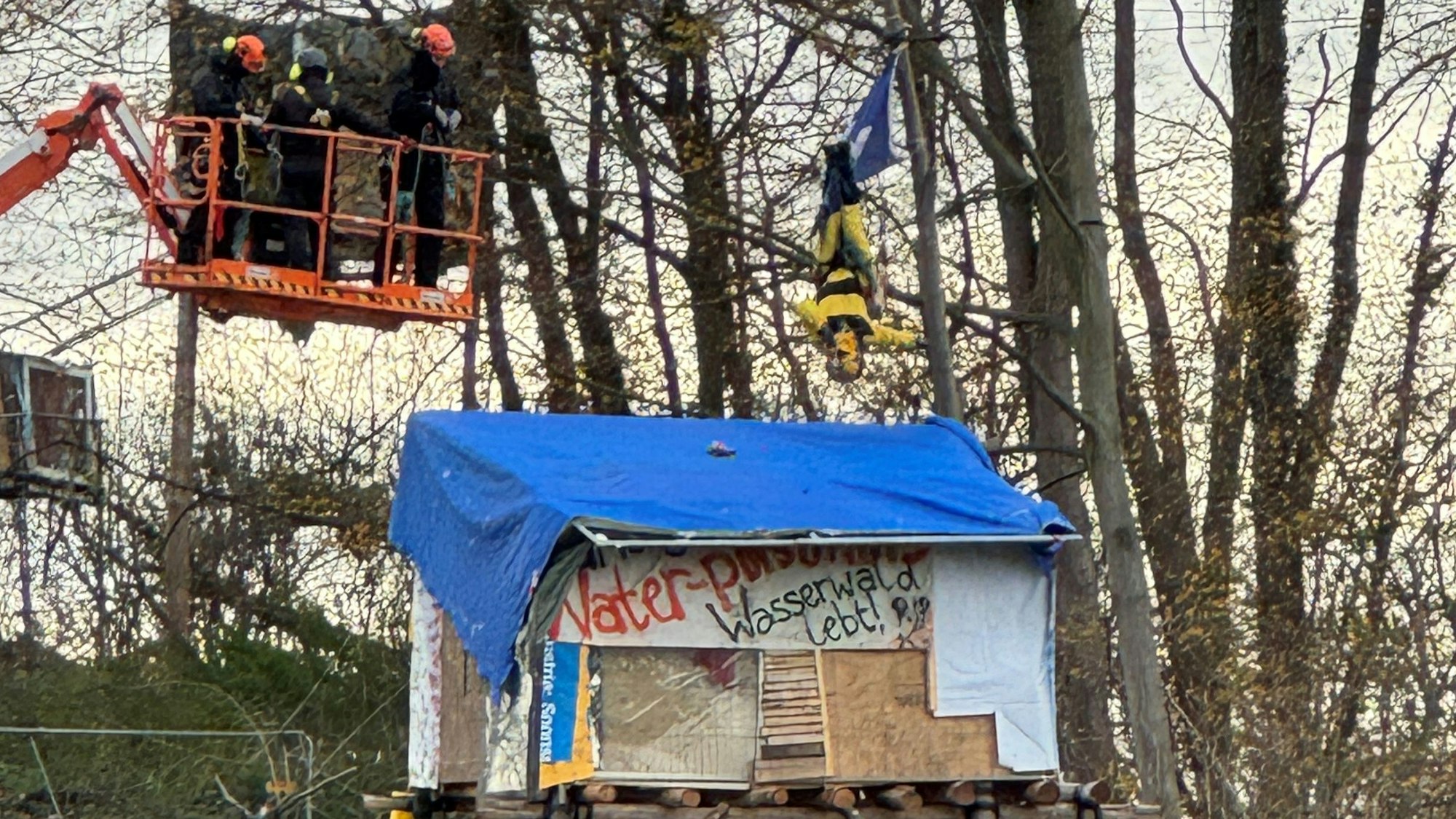 Das Bild zeigt Polizisten auf einer Hebebühne an einem Baumhaus und eine Person, die in Seilen hängt.