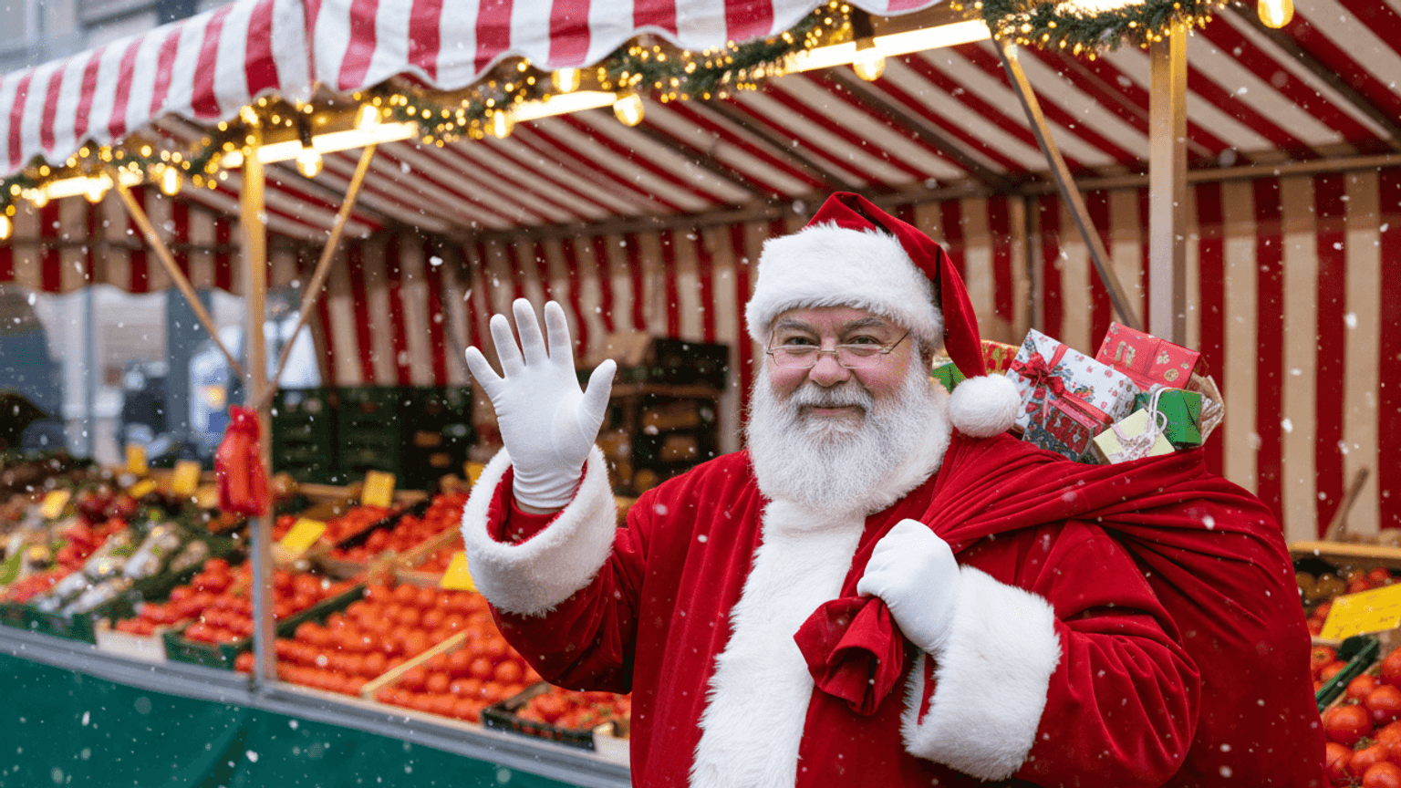 Ein Weihnachtsmann steht vor einem Wochenmarktstand, schaut freundlich in die Kamera und winkt. Auf dem Rücken hat er einen Sack mit kleinen Geschenken.