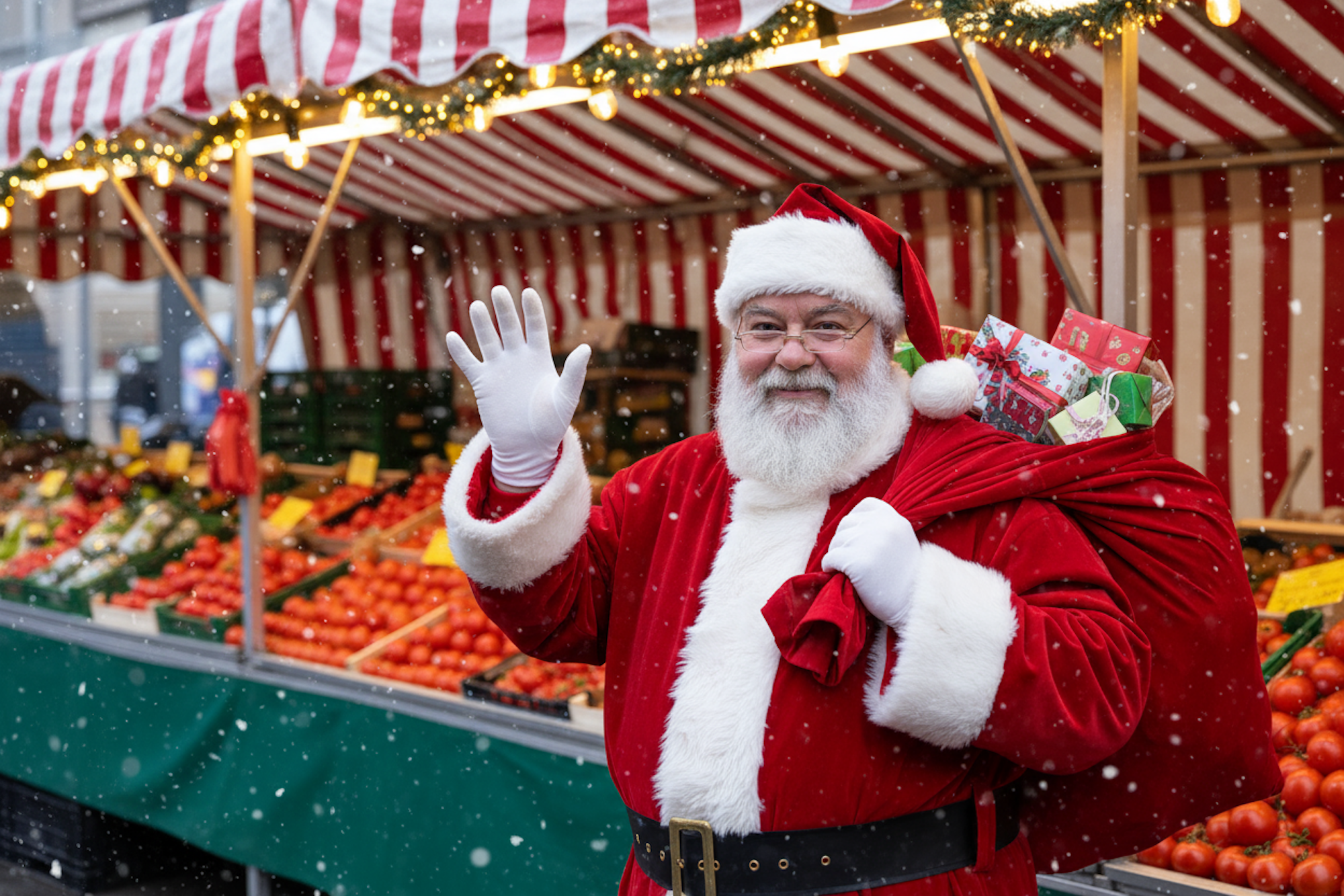 Ein Weihnachtsmann steht vor einem Wochenmarktstand, schaut freundlich in die Kamera und winkt. Auf dem Rücken hat er einen Sack mit kleinen Geschenken.