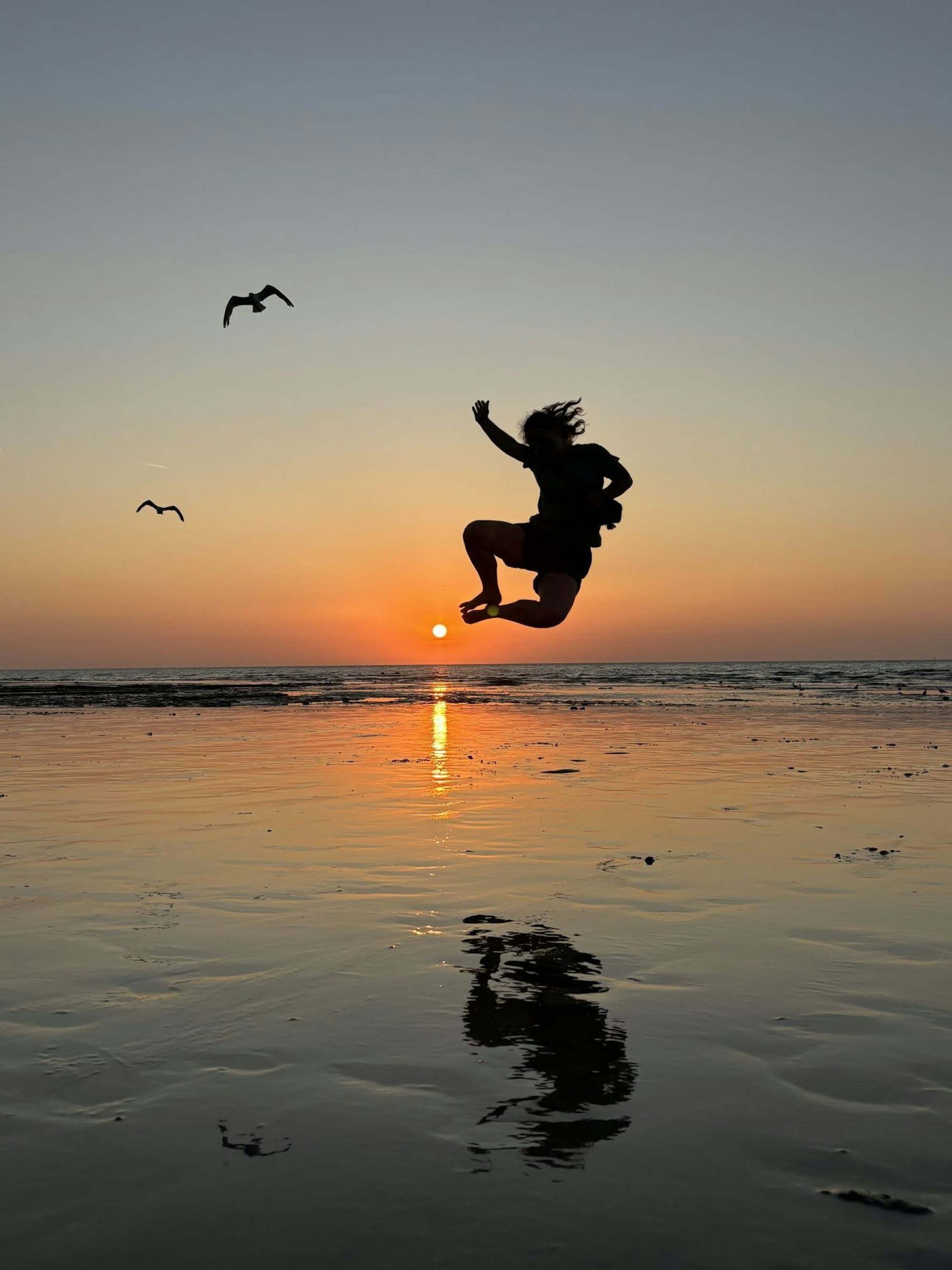 Ein Mensch springt vor einer Abendsonne am Strand in die Luft.