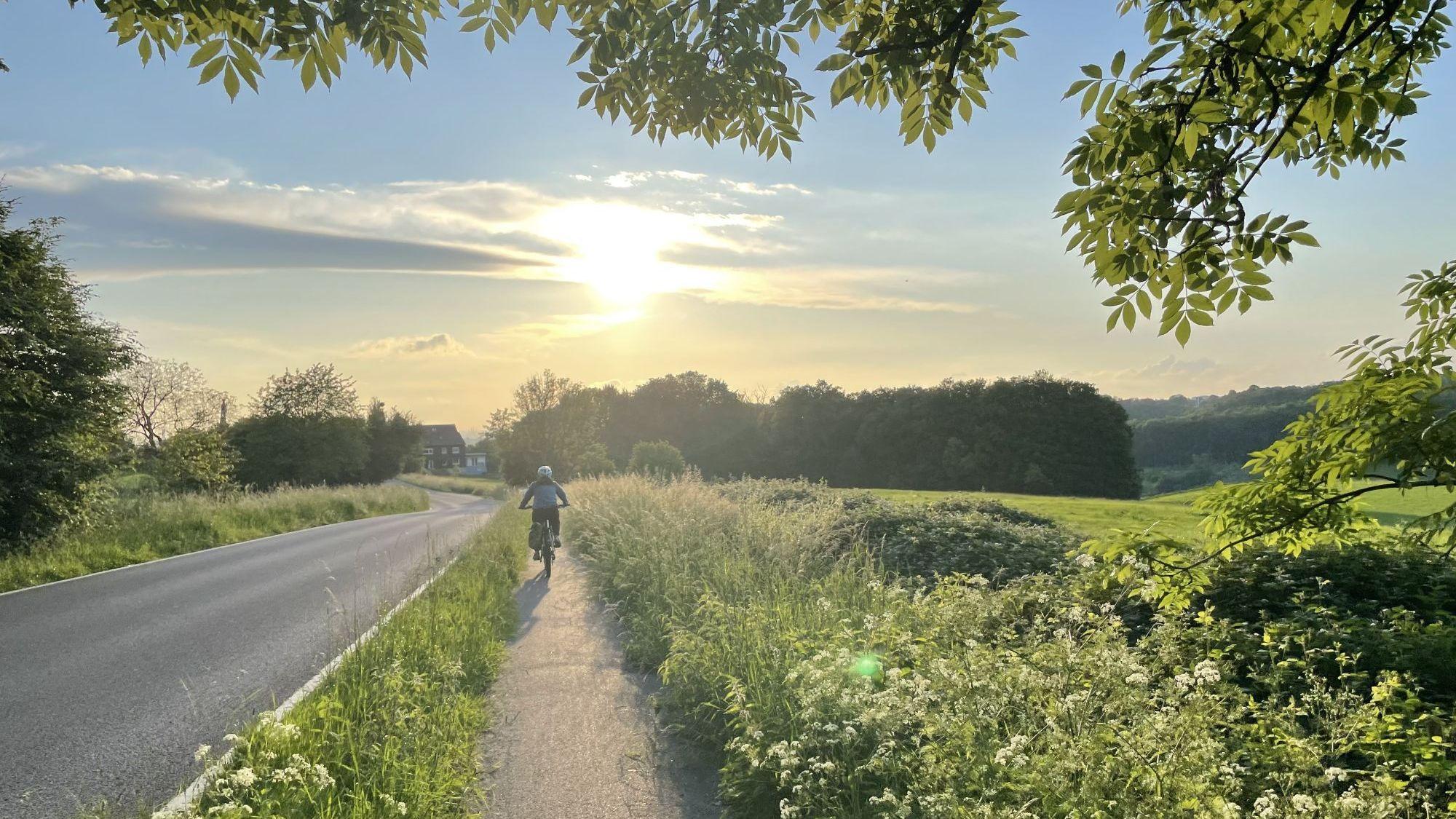 Eine Fahrradfahrerin fährt in Richtung Sonnenuntergang bei Bergisch Gladbach-Sand.