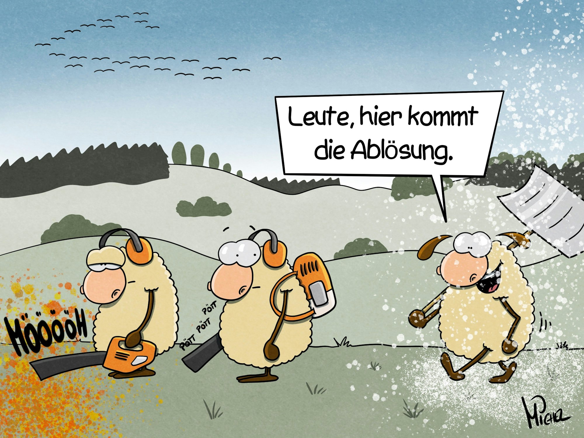 Zwei Schafe mit Laubbläsern blasen buntes Herbstlaub. Von der Seite nähert sich ein Schaf mit geschulterter Schneeschaufel und sagt: "Leute, hier kommt die Ablösung."