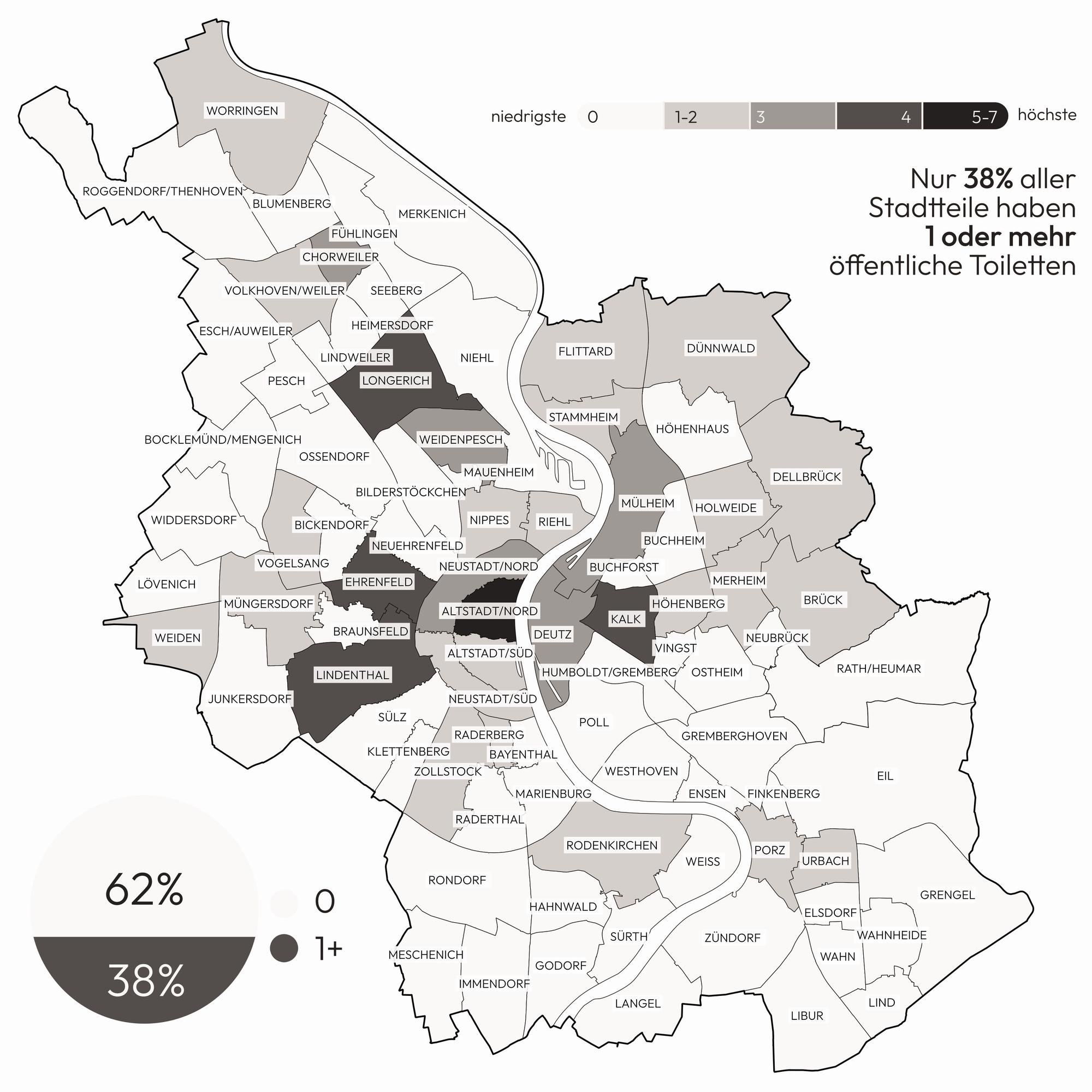 Eine Karte von Köln, in der die Toilettendichte je Stadtviertel eingetragen ist. Nzr 38 Prozent aller Stadtteile haben eine oder mehr öffentliche Toiletten.