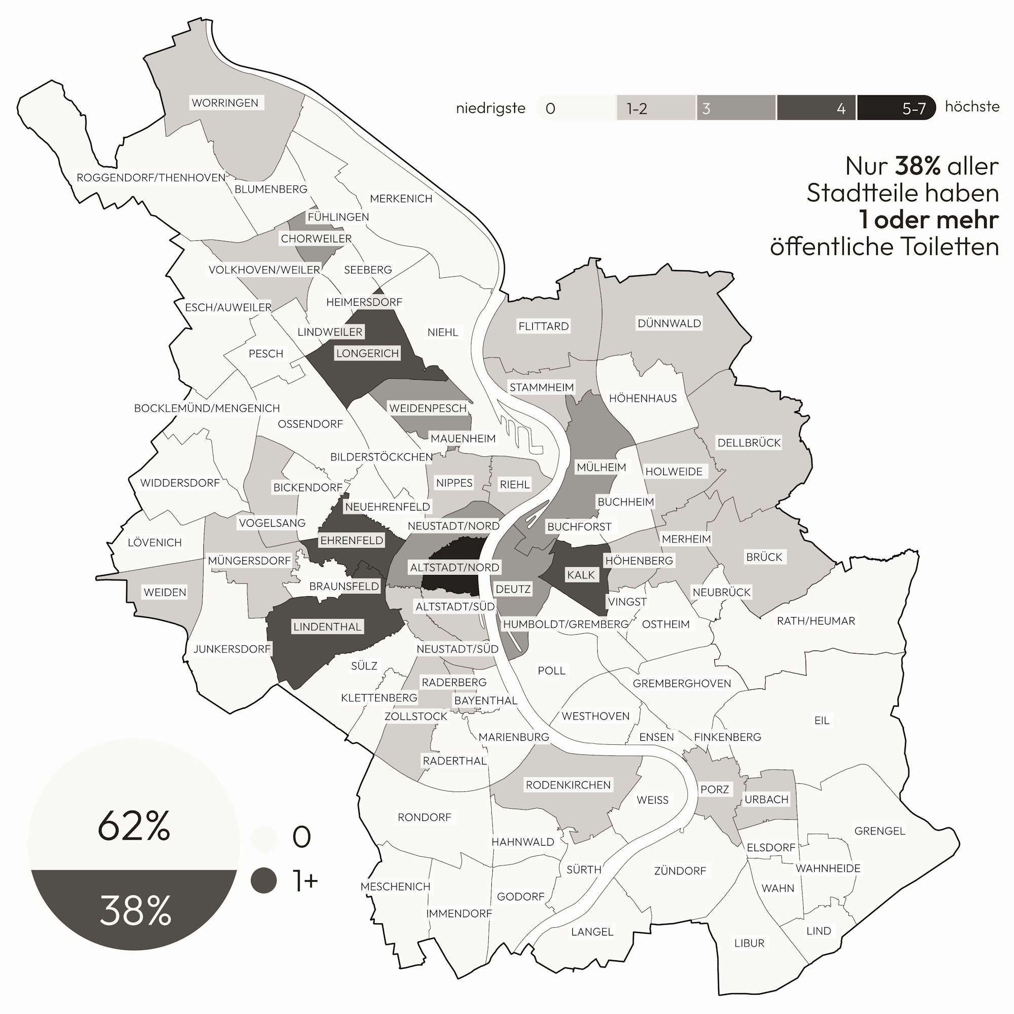 Eine Karte von Köln, in der die Toilettendichte je Stadtviertel eingetragen ist. Nzr 38 Prozent aller Stadtteile haben eine oder mehr öffentliche Toiletten.