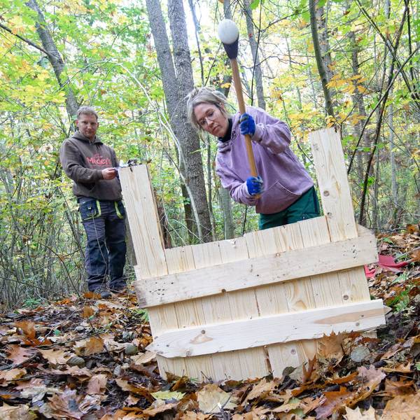 Teilnehmer des Projekts arbeiten im Gierather Wald bei Bergisch Gladbach an einer Holzwand zur Absperrung eines Entwässerungsgrabes in den Boden.
