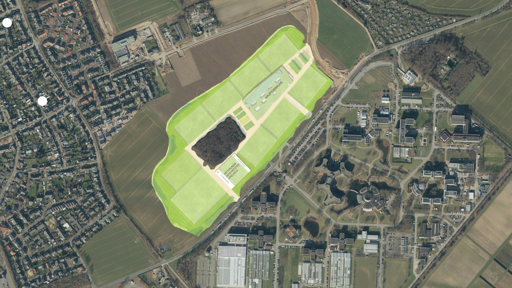 Die verkleinerte Version des Campus in Monheim, den bayer 04 vorgestellt hat. Montage KSTA