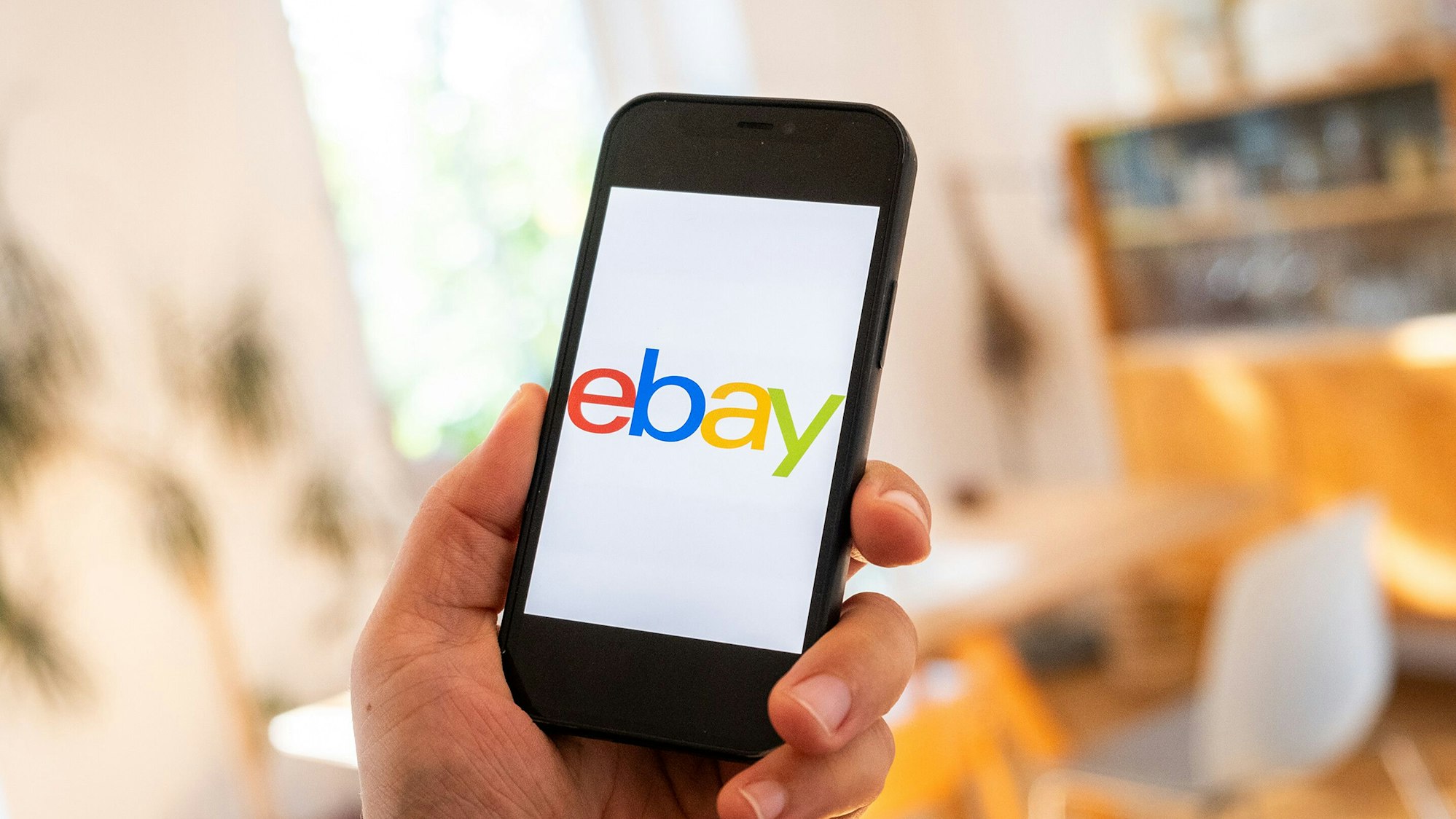 Das Bild zeigt das Logo des Online-Auktionshauses ebay auf einem Handybildschirm eingeblendet. Foto:Zacharie Scheurer/dpa-tmn