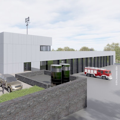 Visualisierung des neuen Gebäudes mit Außenanlagen.