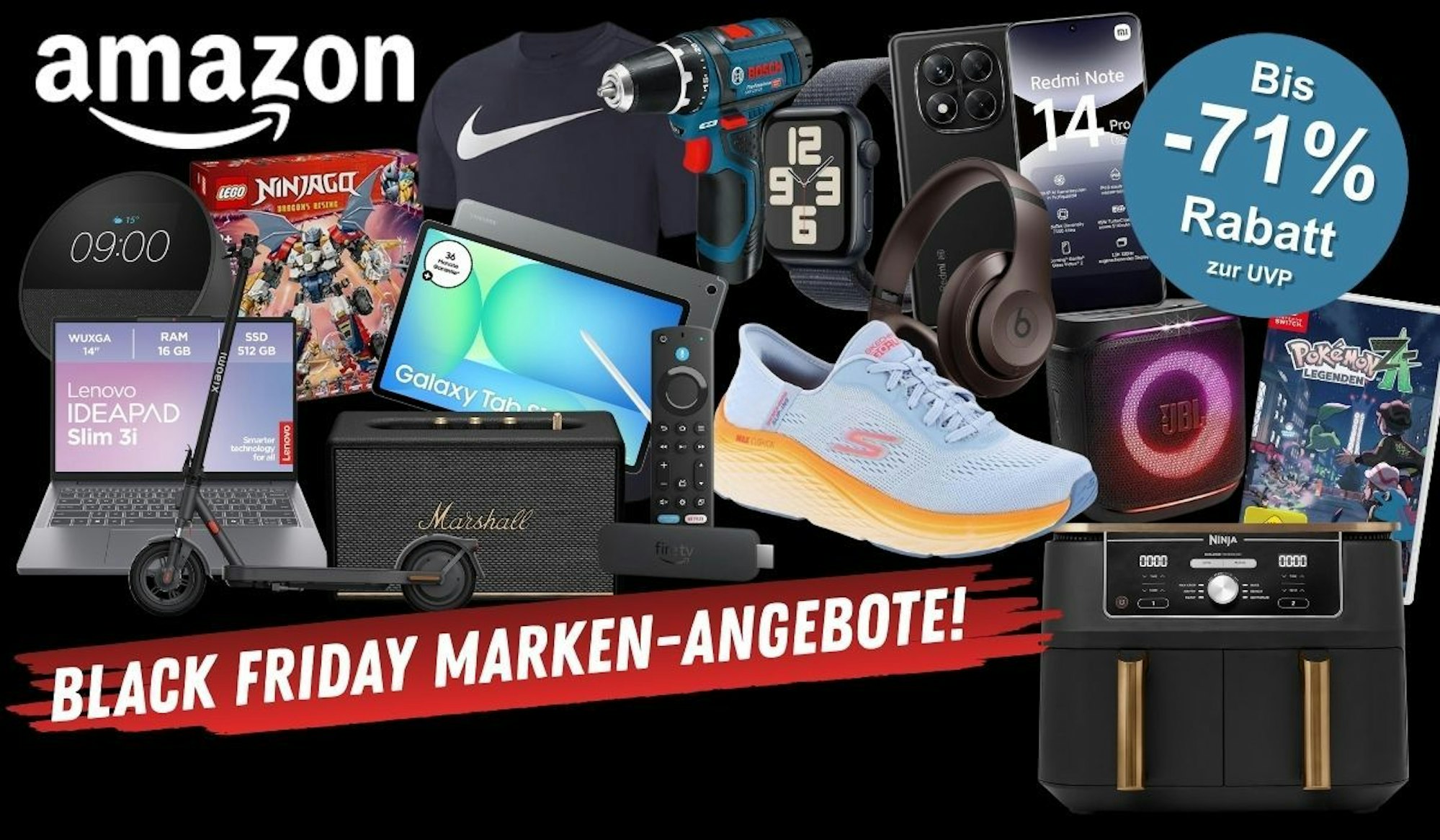 Technik, Mode oder Haushalts Produkte vor einem schwarzen Hintergrund zum Black Friday. Bosch Professional Akkubohrschrauber, Nintendo Switch Pokémon Spiel, Skechers Sneaker, Xiaomi Redmi Smartphone, JBL Box, Samsung Galaxy Tab , Ninja Airfryer und noch mehr.
