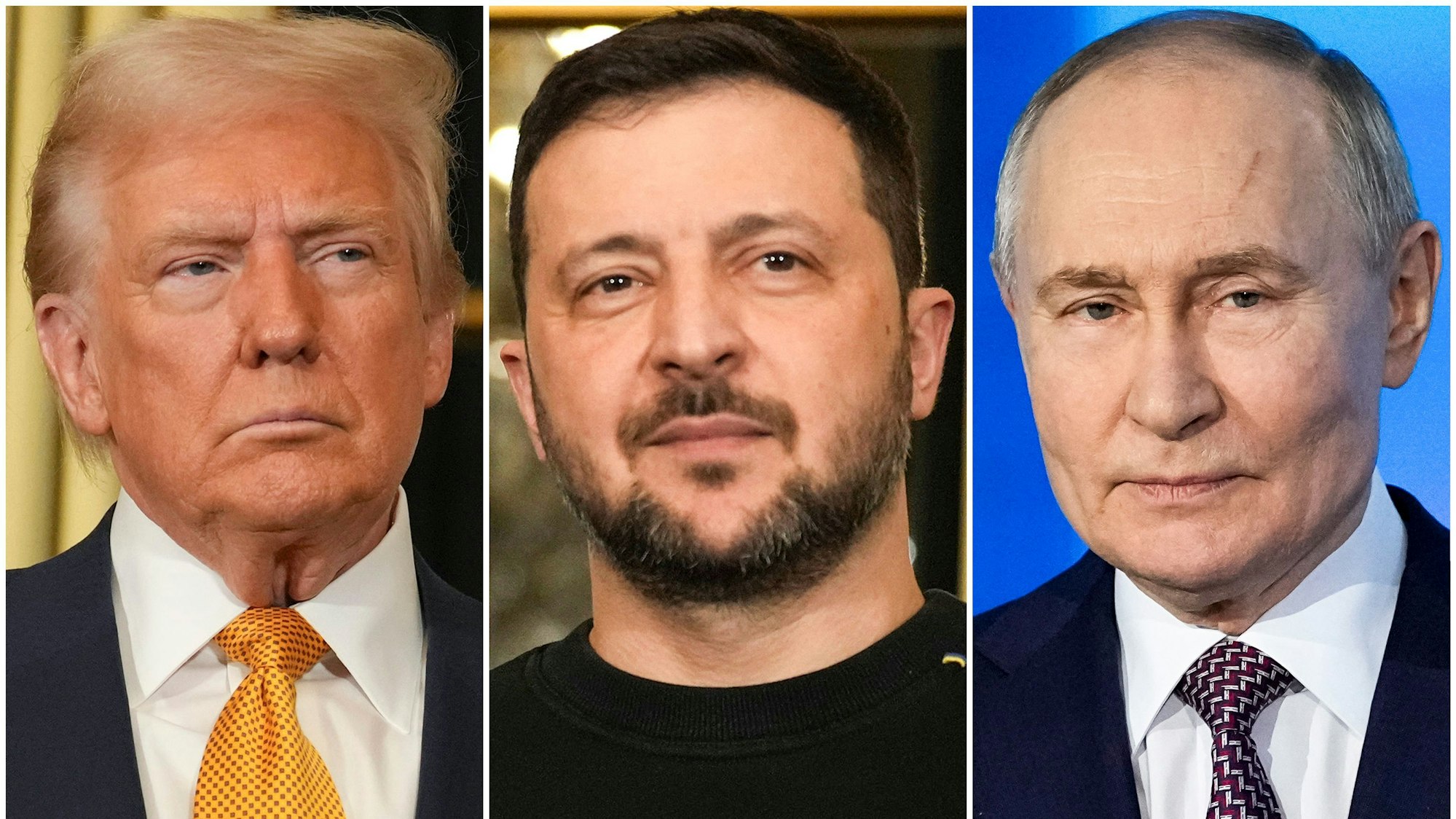 Die Bildkombo zeigt US-Präsident Donald Trump, den ukrainischen Präsidenten Wolodymyr Selenskyj und den russischen Präsidenten Wladimir Putin.