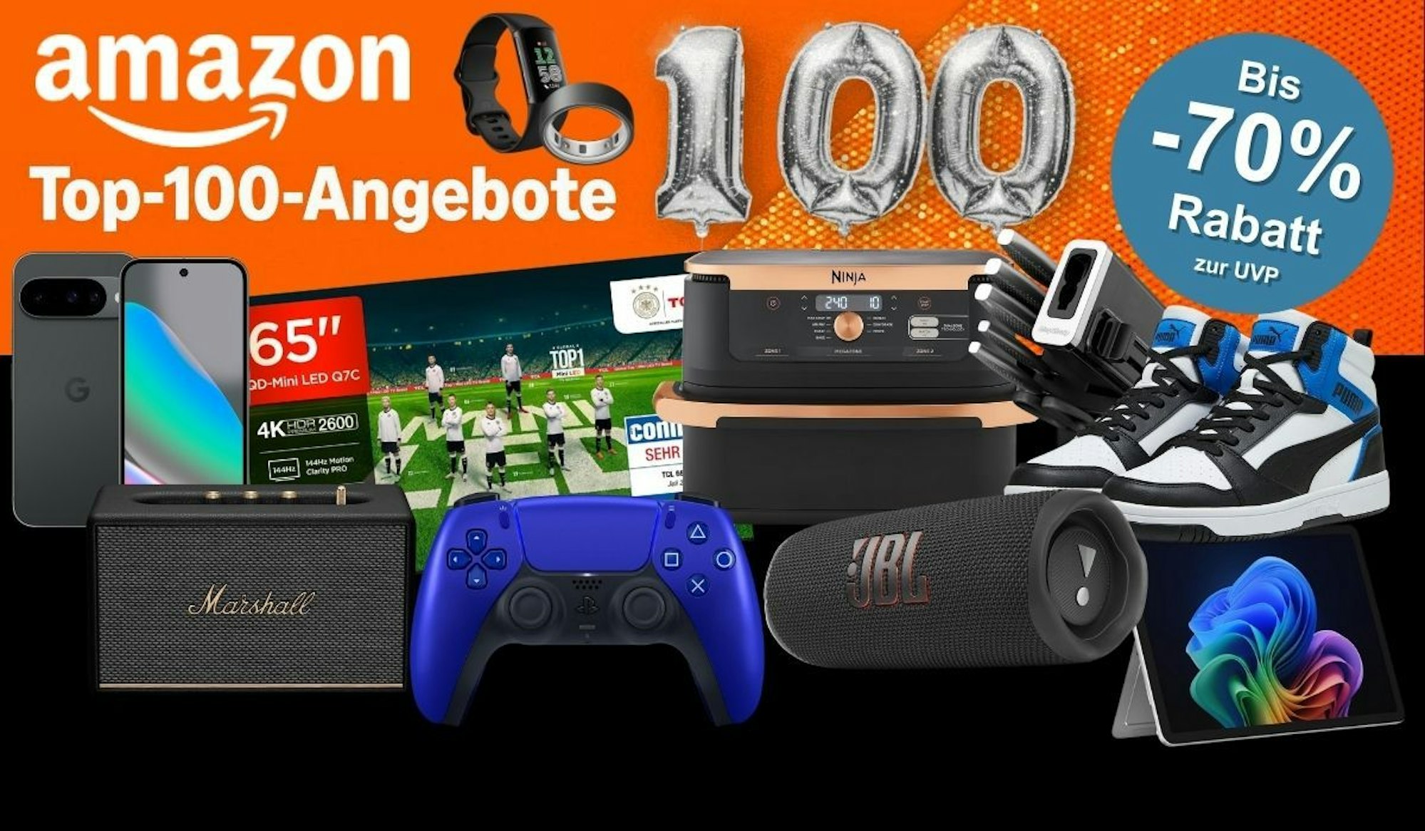 Top 100 Kategorie in der Amazon Black Friday Woche. Die 100 in silbernen Luftballons geschrieben, davor viele aktuelle Amazon Bestseller Produkte wie Hisense LED TV, PS5 Dual Sense Controller, Puma High Sneaker, JBL Box, Ninja Sharp Messerblock, Ninja Airfryer, Google Pixel Smartphone und mehr.