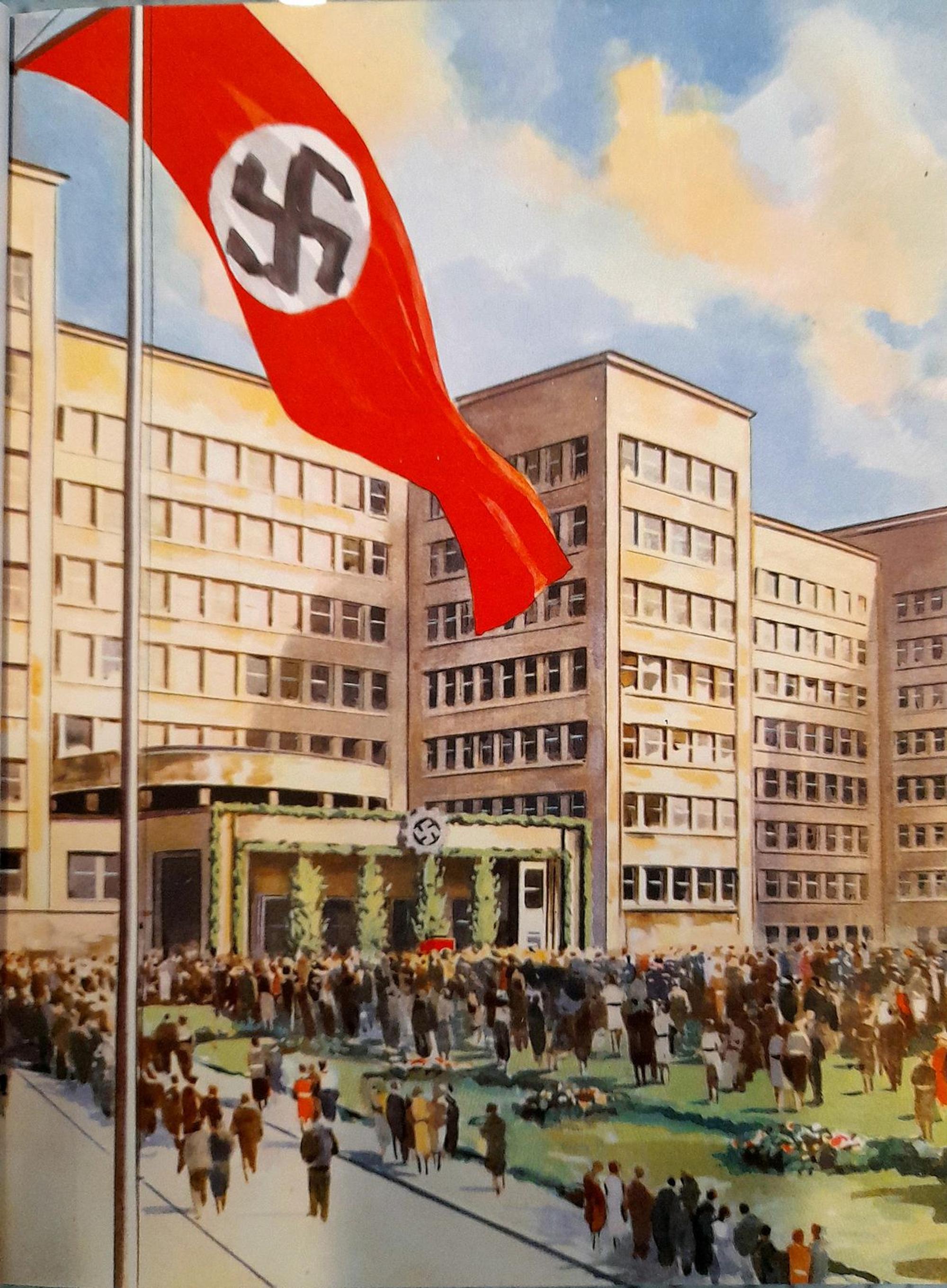 Das Hakenkreuz im Zahnrad auf der Vorderseite der Grüneburg in Frankfurt, der Verwaltungszentrale der damaligen IG Farben: Das Zeichen für einen „nationalen Kriegsmusterbetrieb“.