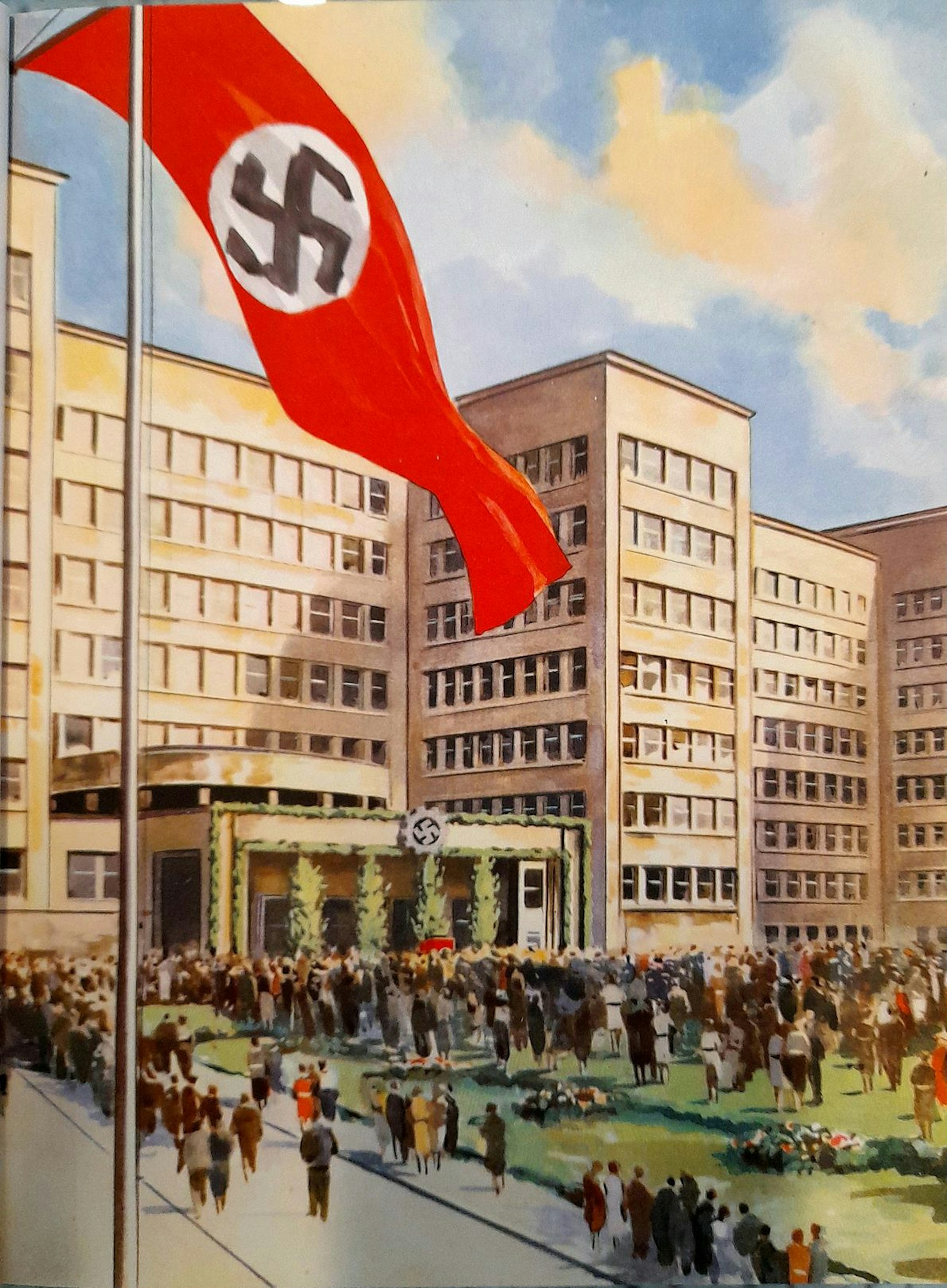 Das Hakenkreuz im Zahnrad auf der Vorderseite der Grüneburg in Frankfurt, der Verwaltungszentrale der damaligen IG Farben: Das Zeichen für einen „nationalen Kriegsmusterbetrieb“.