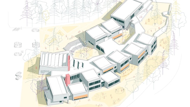 Eine Grafik eines Gebäudeentwurfs für eine Grundschule ist zu sehen.