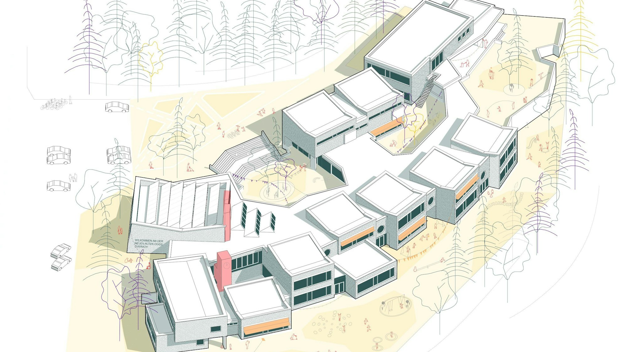 Eine Grafik zeigt einen Entwurf für das erneuerte Grundschul-Gelände im Burgholzweg 20 in Overath. Ein Entwurf zeigt einen gebogenen langen und verschachtelten Schulgebäudekomplex, der aus einzelnen Häusern zu bestehen scheint.