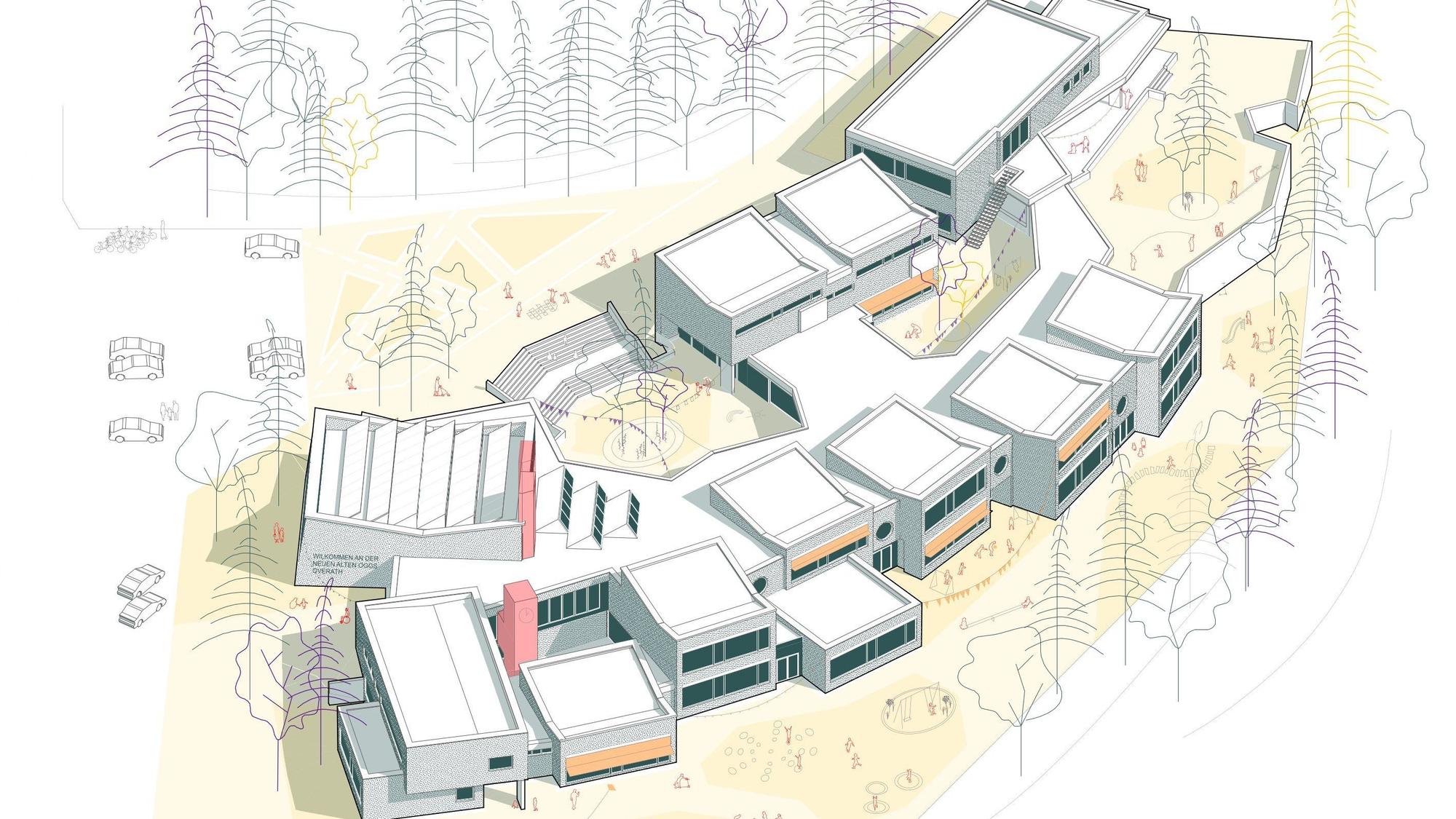 Eine Grafik eines Gebäudeentwurfs für eine Grundschule ist zu sehen.