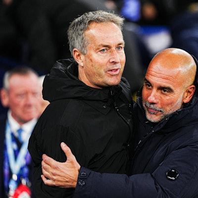 Kasper Hjulmand Bayer 04 Leverkusen, Trainer, Josep Pep Guardiola Manchester City, Trainer ENG, Manchester City vs. Bayer 04 Leverkusen, Fussball, UEFA Champions League, Spieltag 5, Spielzeit 2025/2026, 25.11.2025 ENG, Manchester City vs. Bayer 04 Leverkusen, Fussball, UEFA Champions League, Spieltag 5, Spielzeit 2025/2026, 25.11.2025 Manchester *** Kasper Hjulmand Bayer 04 Leverkusen, Coach , Josep Pep Guardiola Manchester City, Coach ENG, Manchester City vs Bayer 04 Leverkusen, Football, UEFA Champions League, Matchday 5, Season 2025 2026, 25 11 2025 ENG, Manchester City vs Bayer 04 Leverkusen, Football, UEFA Champions League, Matchday 5, Season 2025 2026, 25 11 2025 Manchester Copyright: xEibner-Pressefoto/MarcelxvonxFehrnx EP_MFN