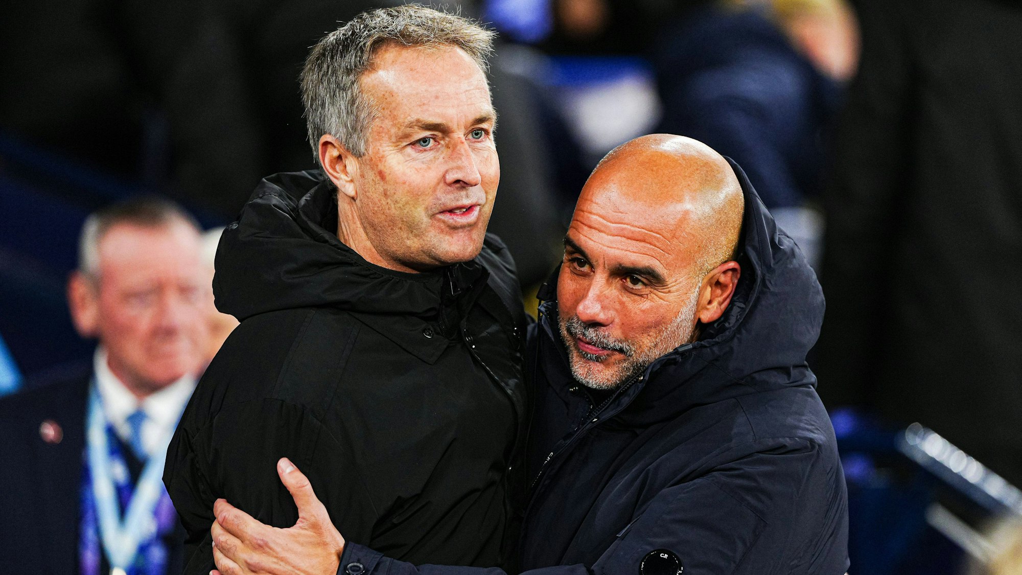 Kasper Hjulmand Bayer 04 Leverkusen, Trainer, Josep Pep Guardiola Manchester City, Trainer ENG, Manchester City vs. Bayer 04 Leverkusen, Fussball, UEFA Champions League, Spieltag 5, Spielzeit 2025/2026, 25.11.2025 ENG, Manchester City vs. Bayer 04 Leverkusen, Fussball, UEFA Champions League, Spieltag 5, Spielzeit 2025/2026, 25.11.2025 Manchester *** Kasper Hjulmand Bayer 04 Leverkusen, Coach , Josep Pep Guardiola Manchester City, Coach ENG, Manchester City vs Bayer 04 Leverkusen, Football, UEFA Champions League, Matchday 5, Season 2025 2026, 25 11 2025 ENG, Manchester City vs Bayer 04 Leverkusen, Football, UEFA Champions League, Matchday 5, Season 2025 2026, 25 11 2025 Manchester Copyright: xEibner-Pressefoto/MarcelxvonxFehrnx EP_MFN