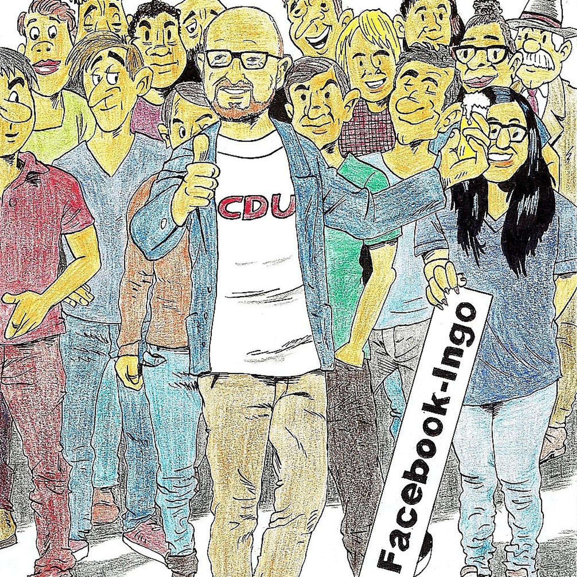 Die Karikatur zeigt Ingo Pfennings inmitten einer Personengruppe. Er reckt den Daumen nach oben und hat ein Kölschglas in der anderen Hand.