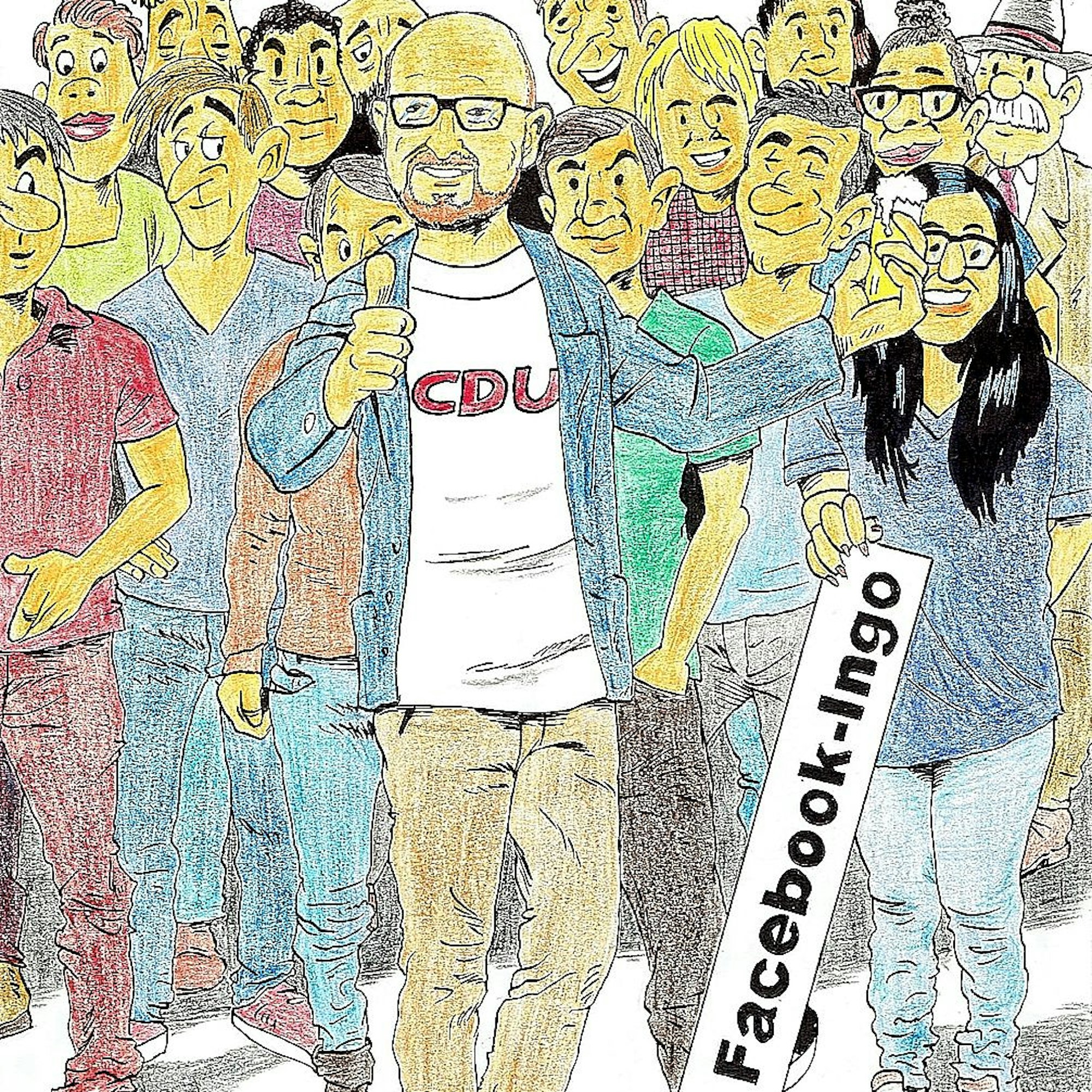 Die Karikatur zeigt Ingo Pfennings inmitten einer Personengruppe. Er reckt den Daumen nach oben und hat ein Kölschglas in der anderen Hand.