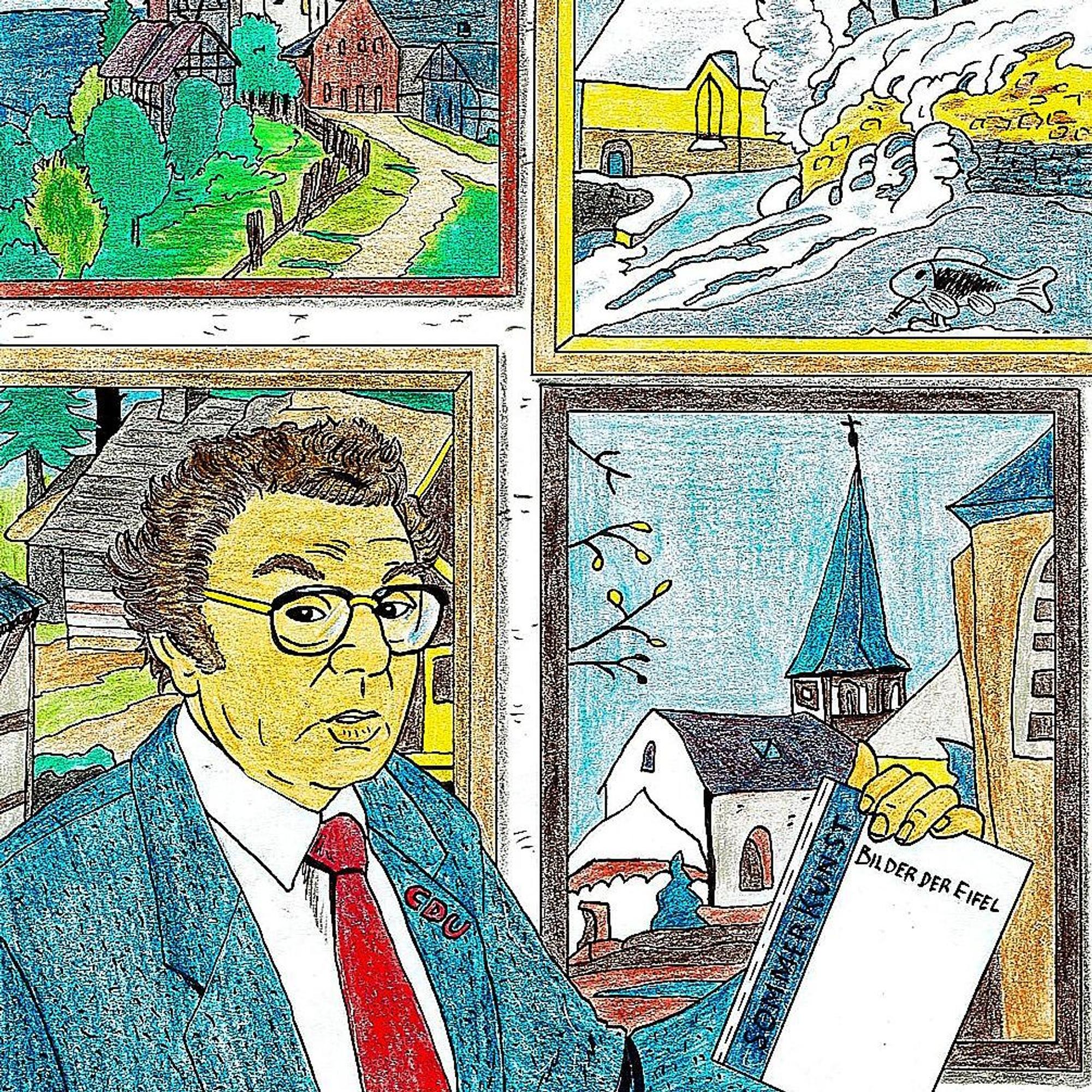 Alois Sommer vor seiner privaten Galerie mit Bildern von Eifelmalern.