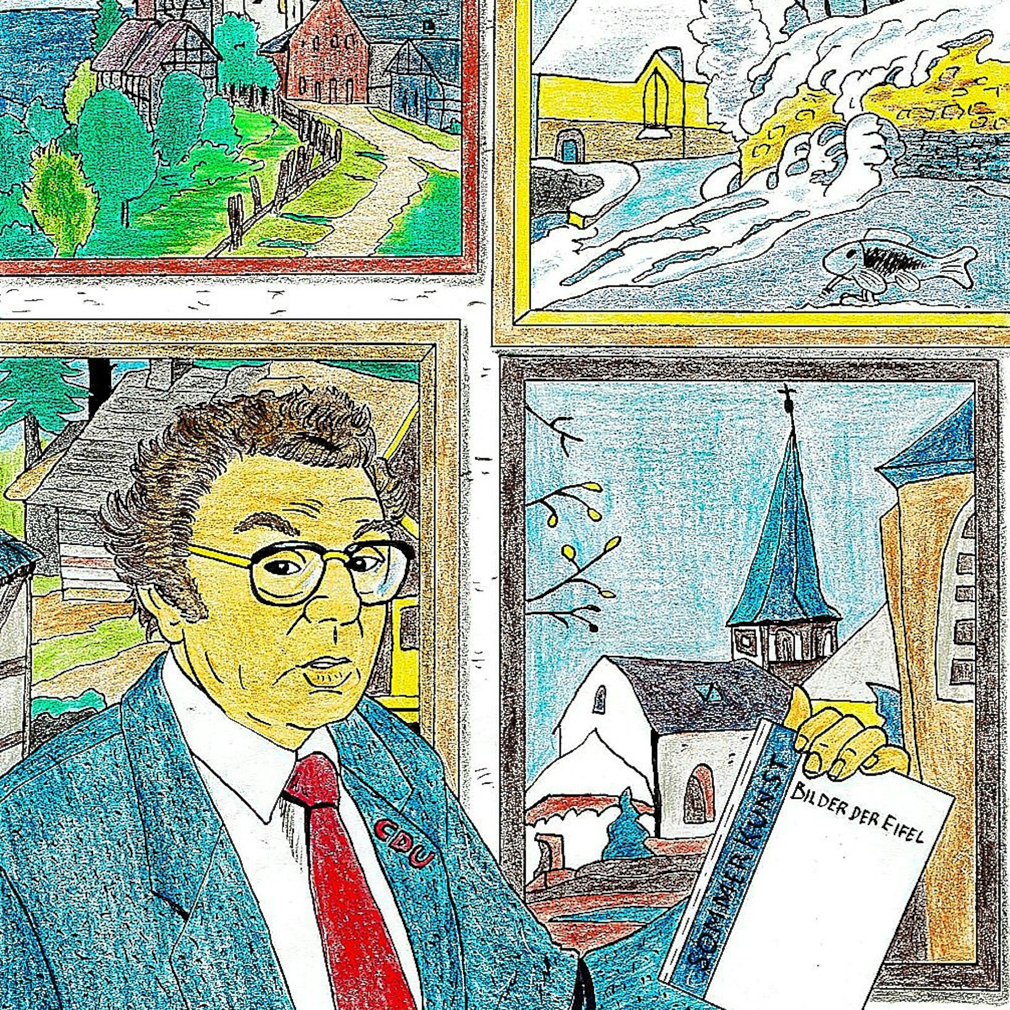 Alois Sommer vor seiner privaten Galerie mit Bildern von Eifelmalern.