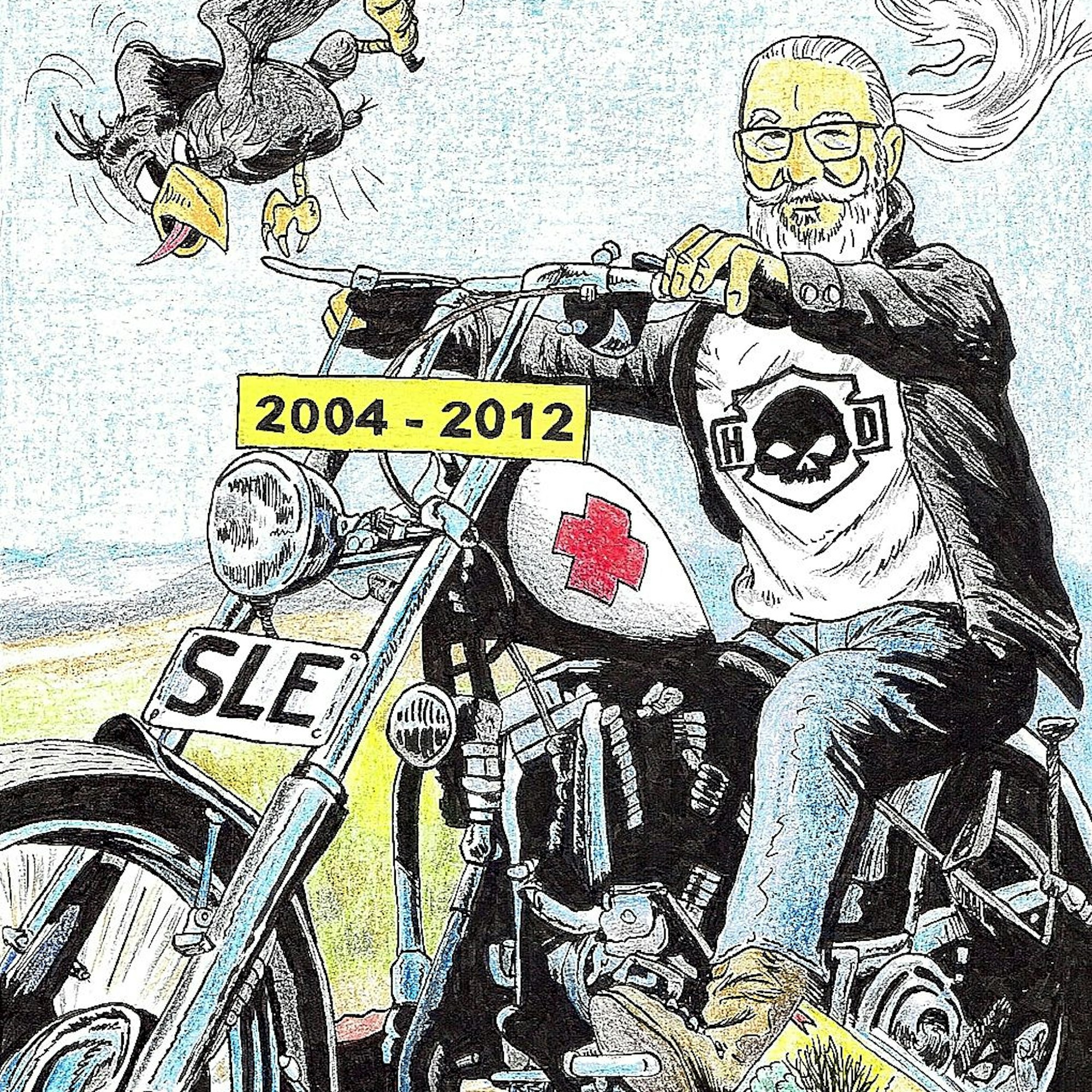 Die Karikatur zeigt Ralf Hergarten auf einem Motorrad sitzend.