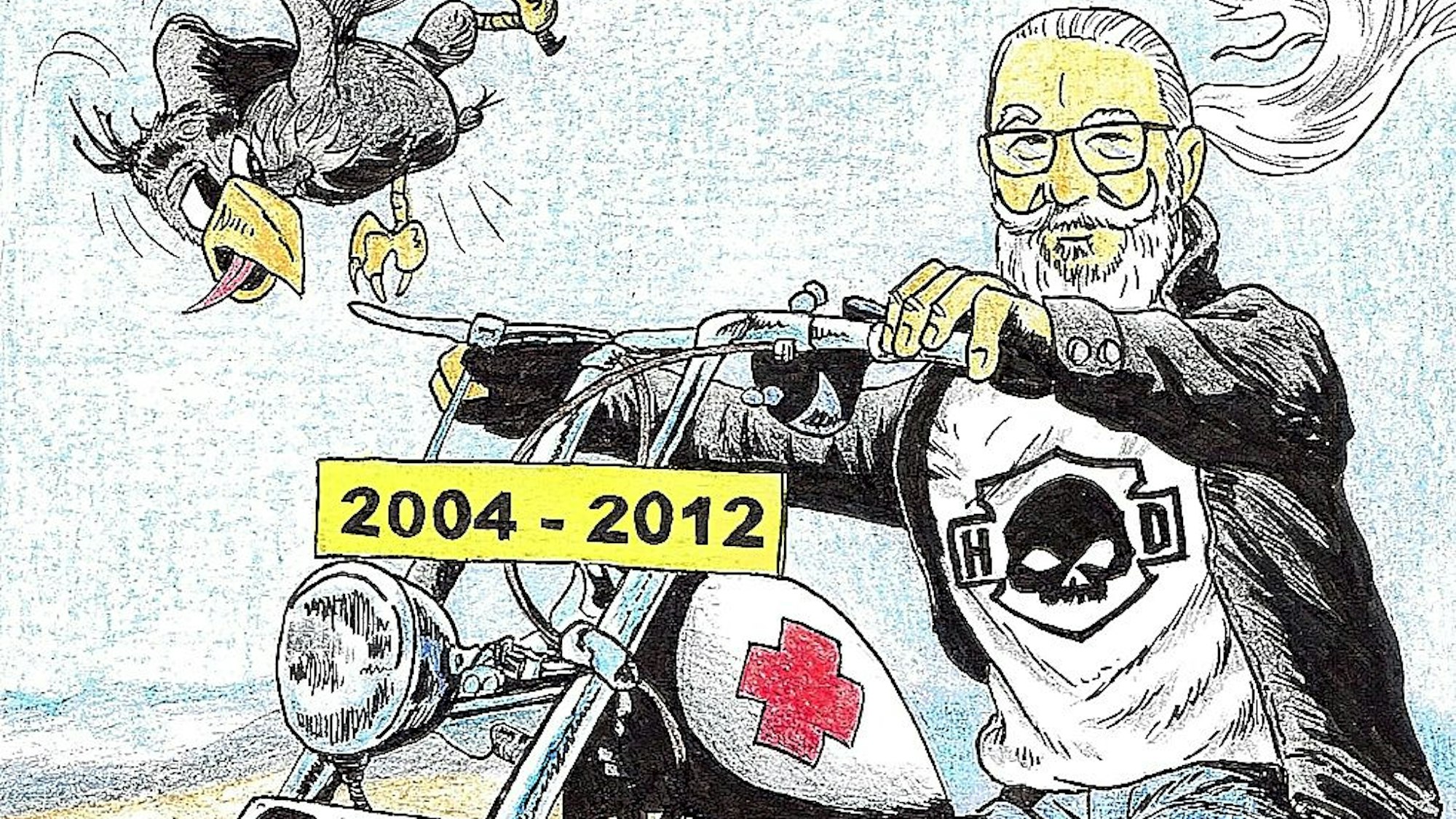 Hergarten fährt im Biker-Outfit auf seinem Chopper über Land.