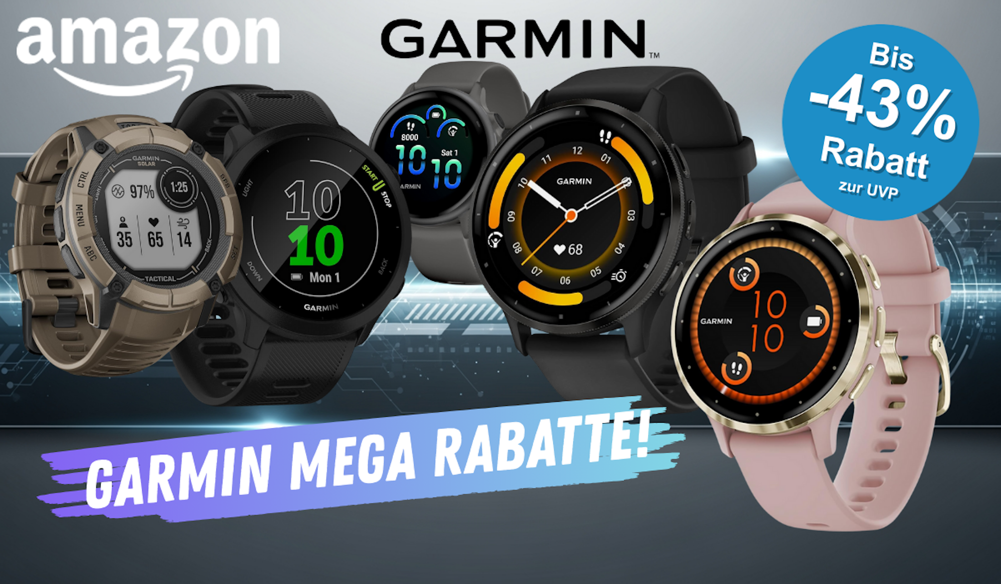 Garmin Venu 3, Instinct, vivoactive und Forerunner Smartwatches vor einem digitalen, technischen Hintergrund.