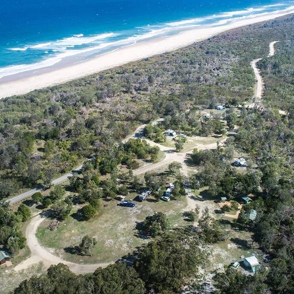 Luftaufnahme von Kylies Strand NSW mit Küste, Meer und einem bewaldeten Campingplatz