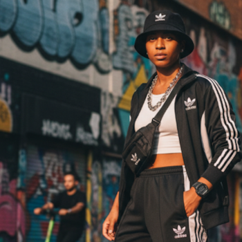 Frau steht mit adidas Freizeitkleidung Trainingsanzug vor einer Mauer mit Graffiti.